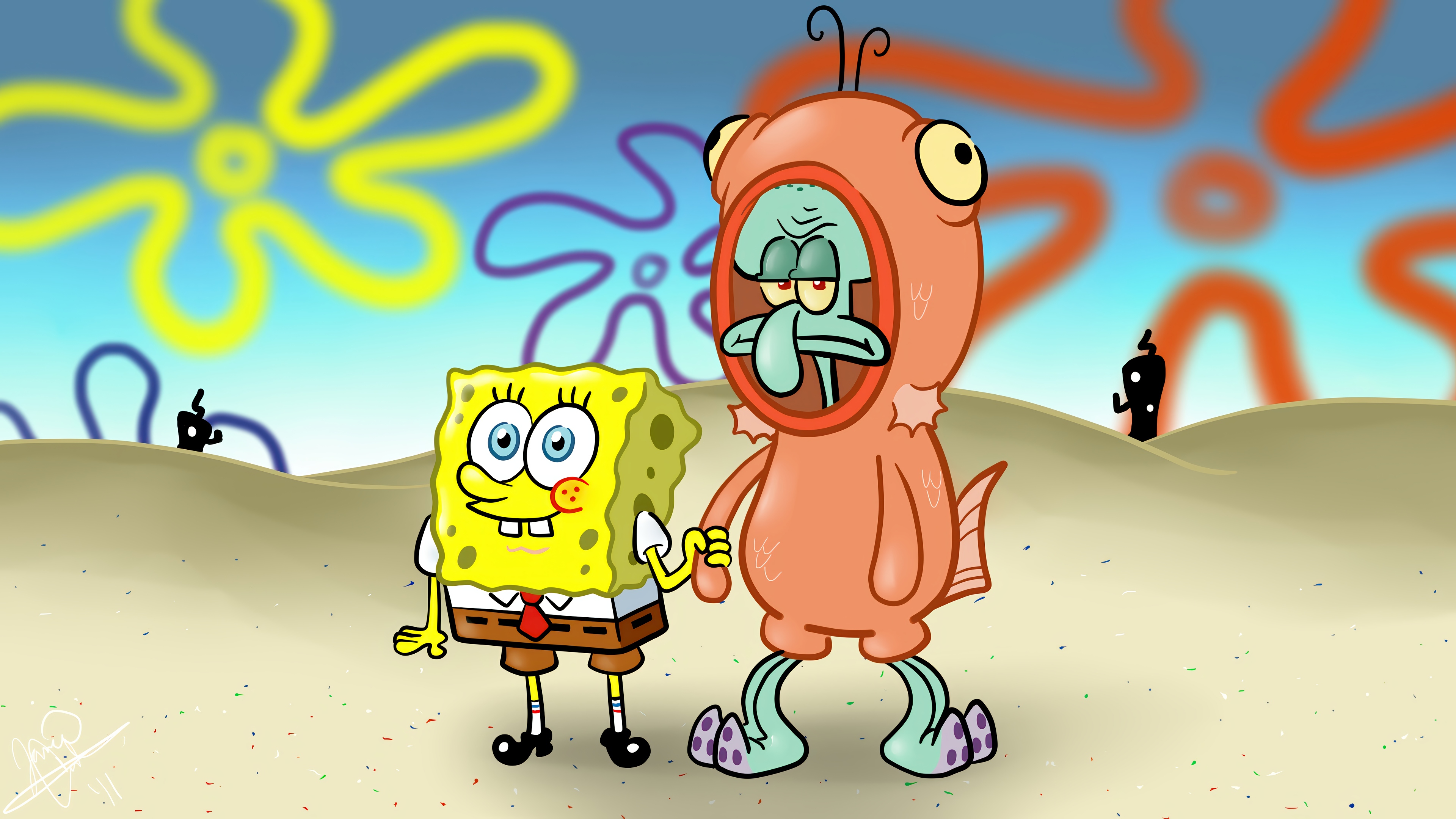 SpongeBob SquarePants and Squidward in a fish costume HD Wallpaper