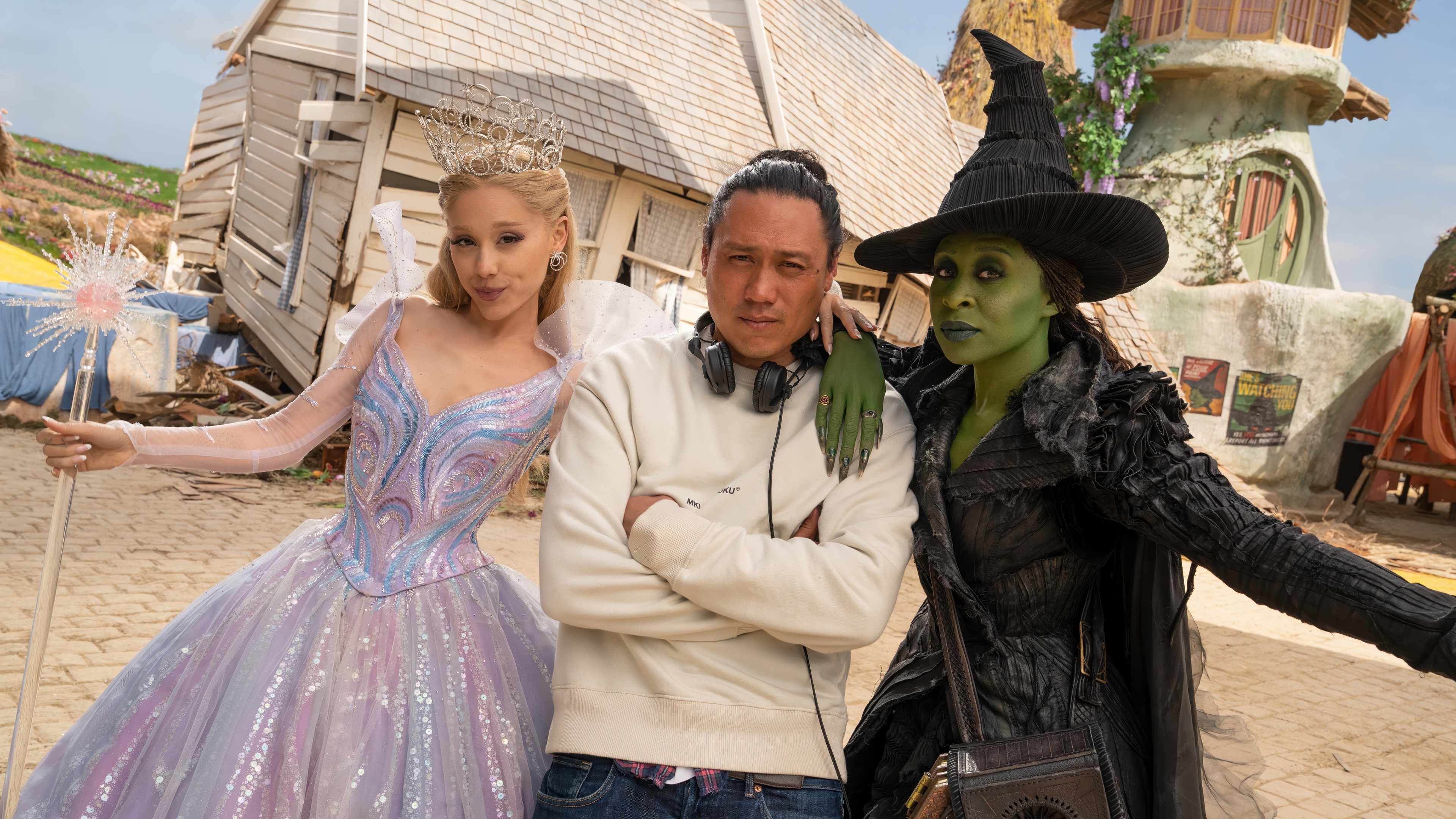 Glinda, Elphaba, and Director Jon M. Chu on the set of Wicked HD Wallpaper