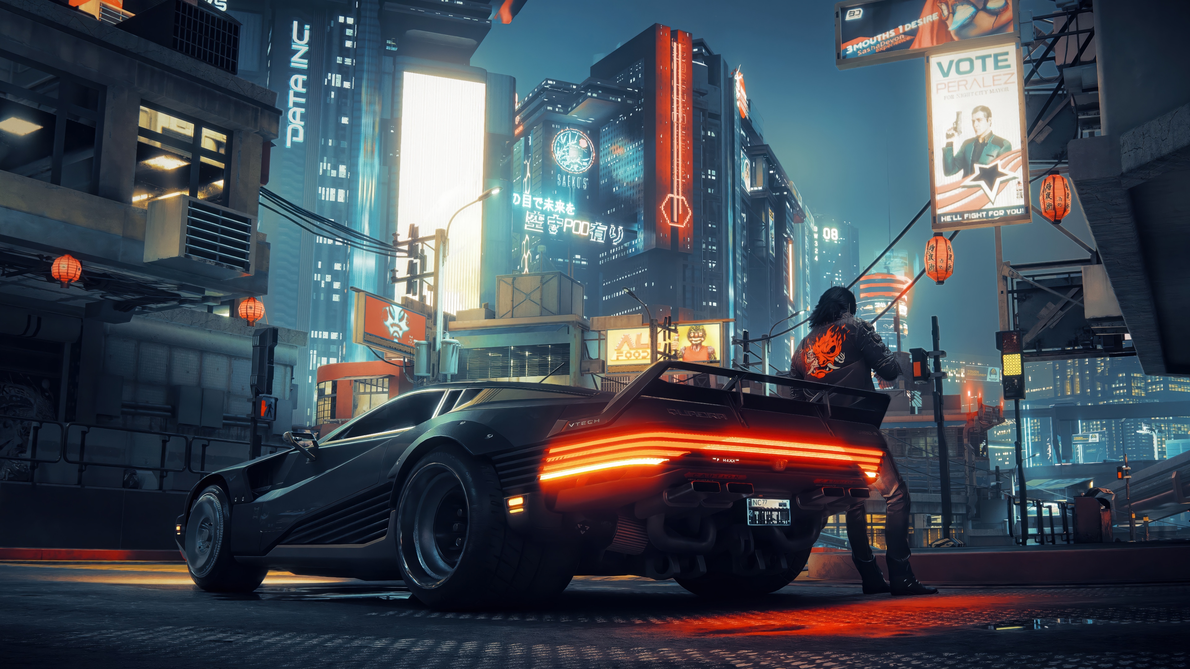 Cyberpunk 2077: A person stands by a futuristic car in a neon city HD Wallpaper