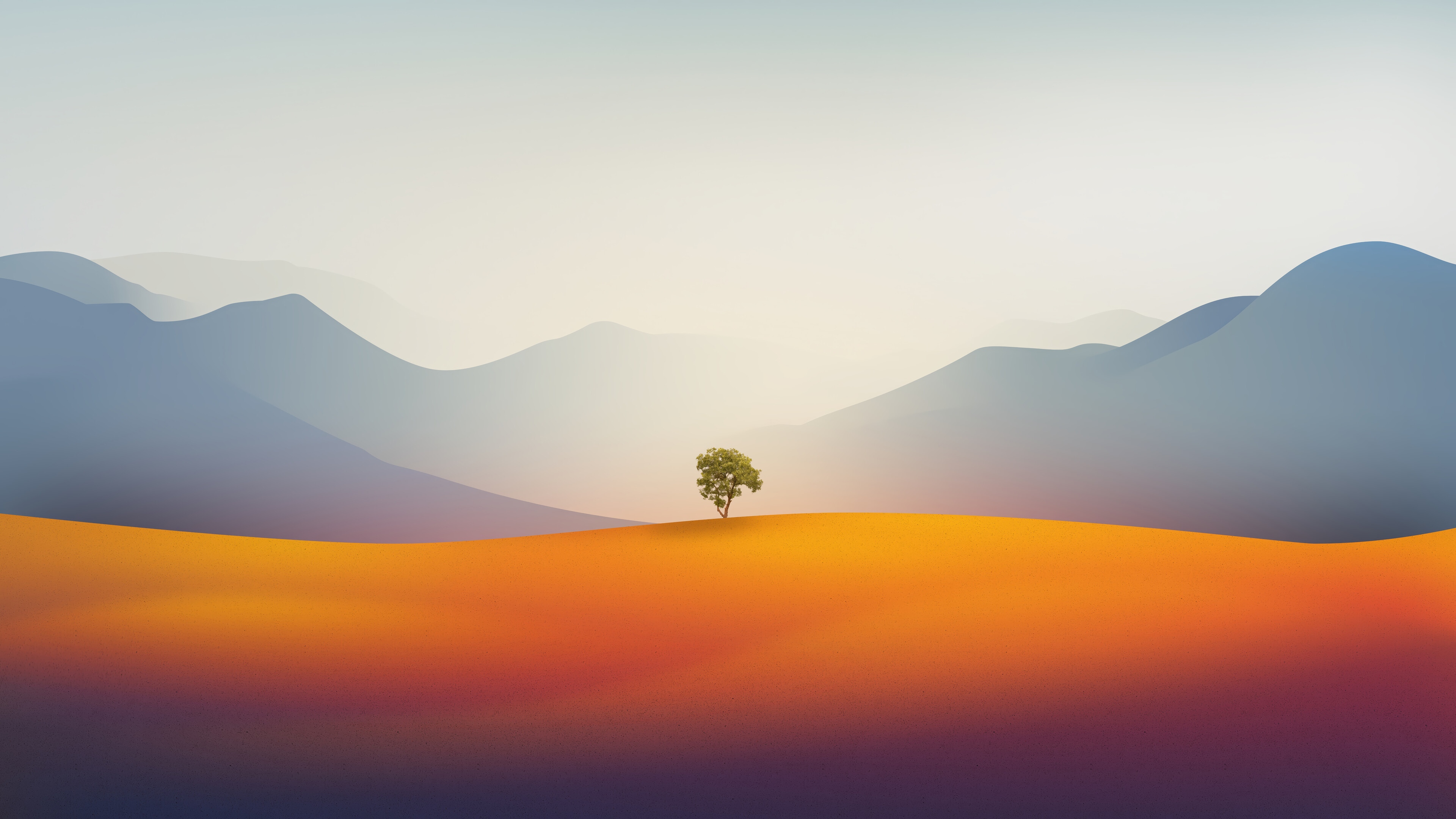 Minimalist Landscape with a Single Tree and Mountains 4K HD Wallpaper