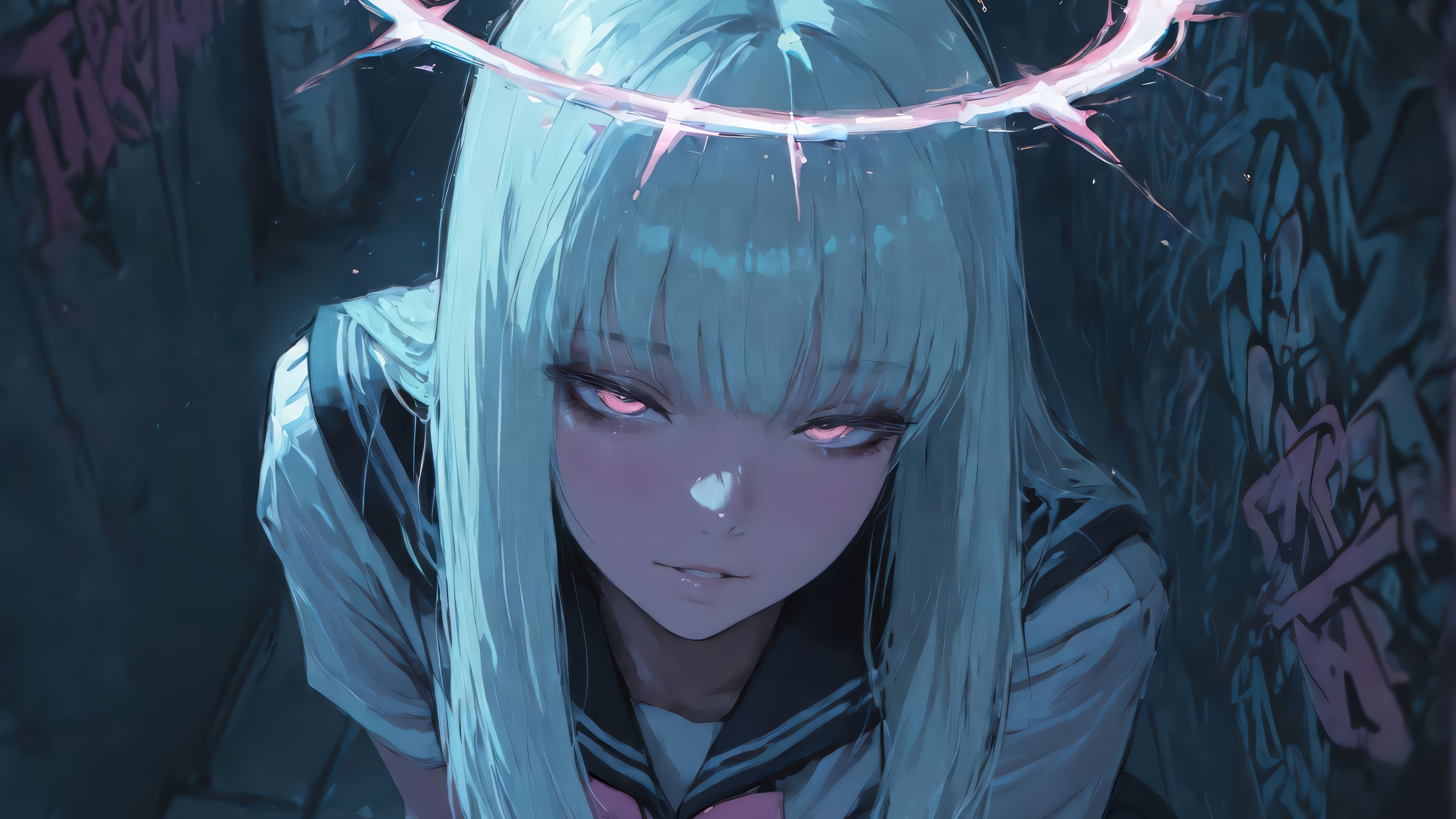 Anime Girl with White Hair and Halo in School Uniform 4K HD Wallpaper
