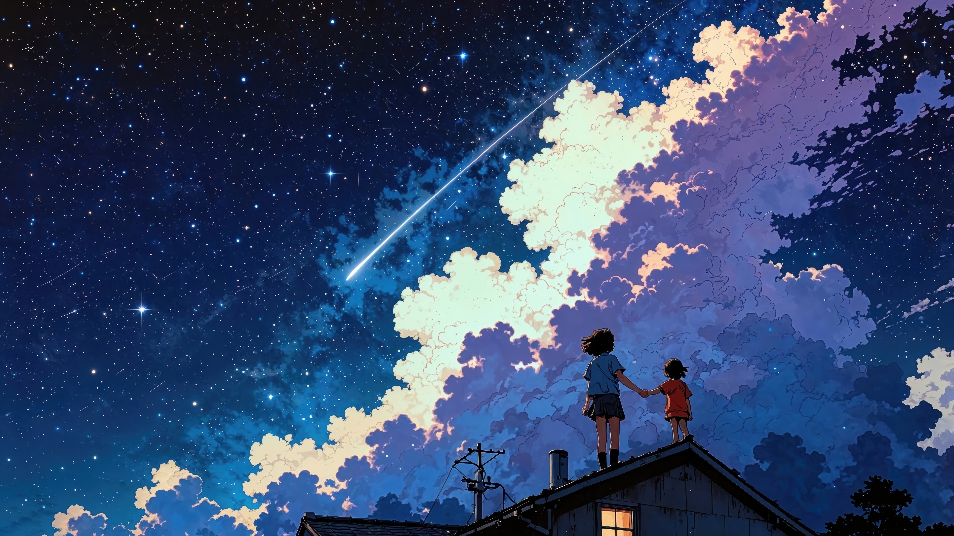 Anime Girls Watching a Comet in the Night Sky 4K HD Wallpaper
