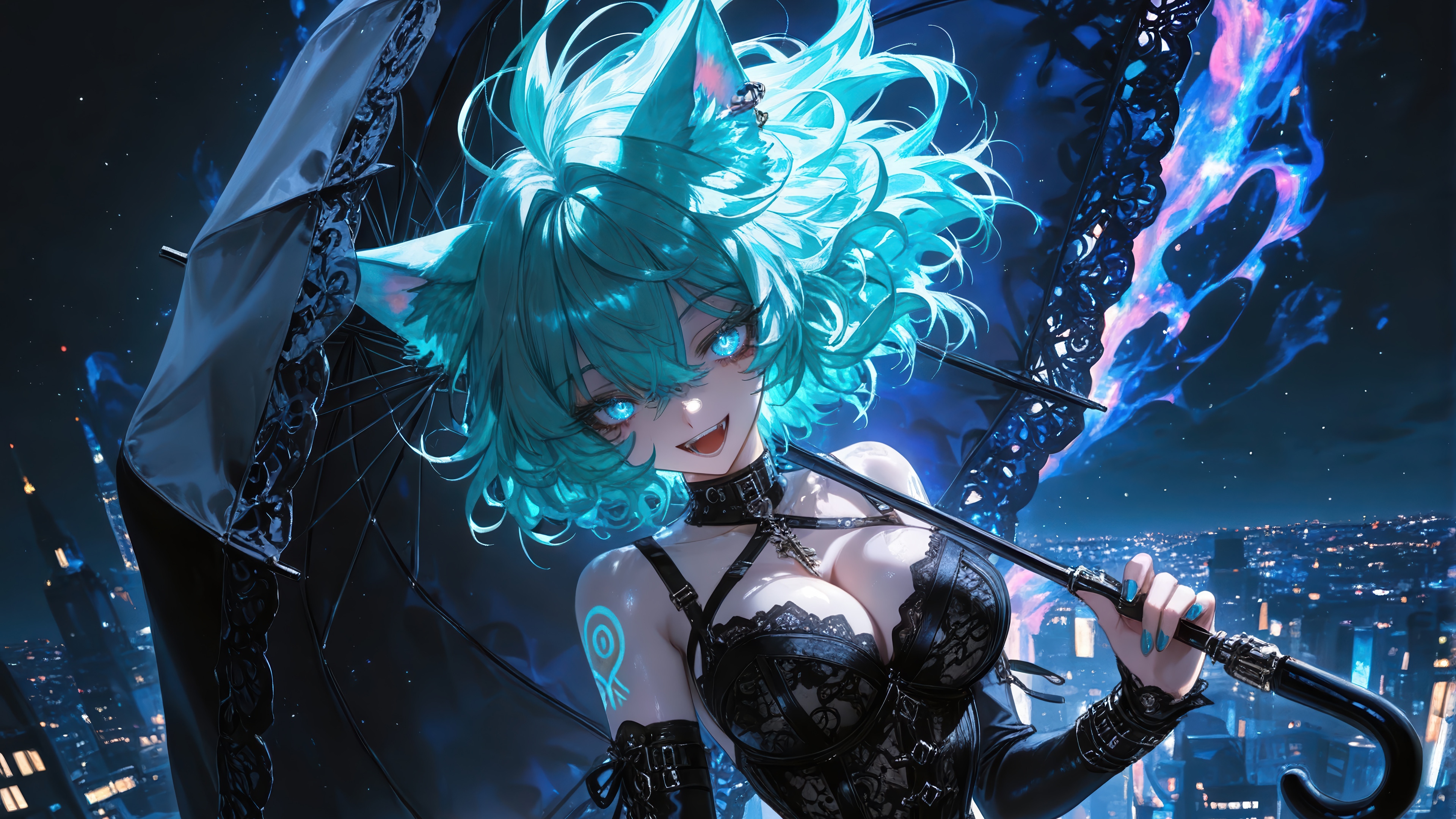 Anime Cat Girl with Umbrella in Cityscape 4K HD Wallpaper