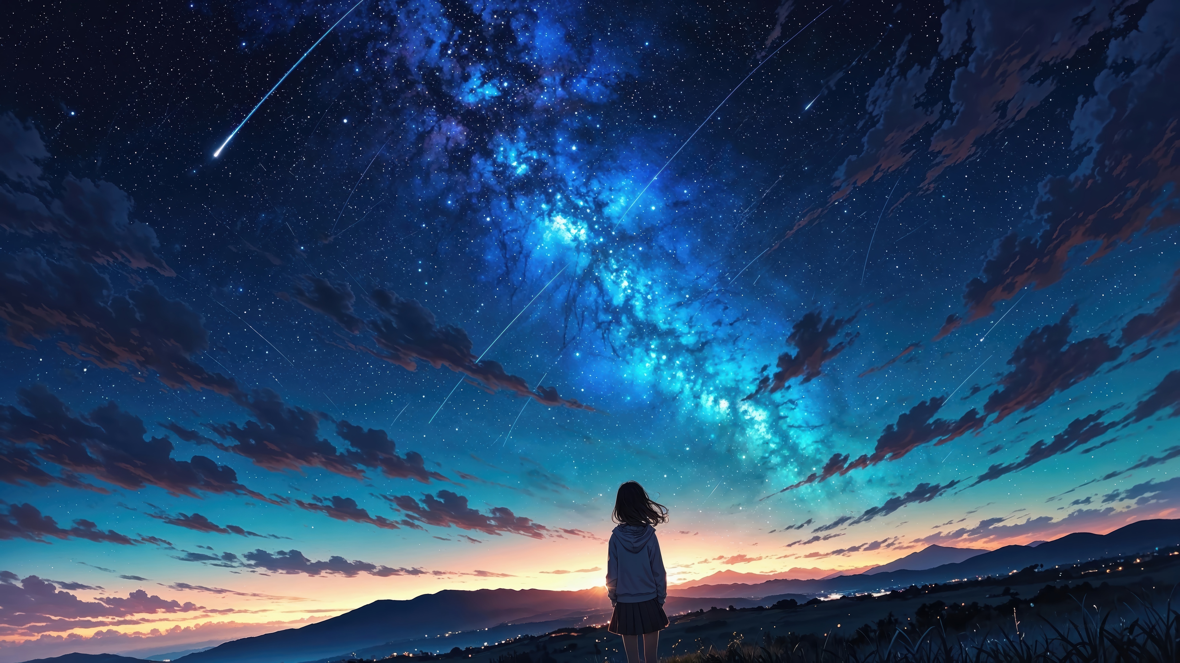 Girl Watching the Starry Night Sky with Meteor Shower HD Wallpaper