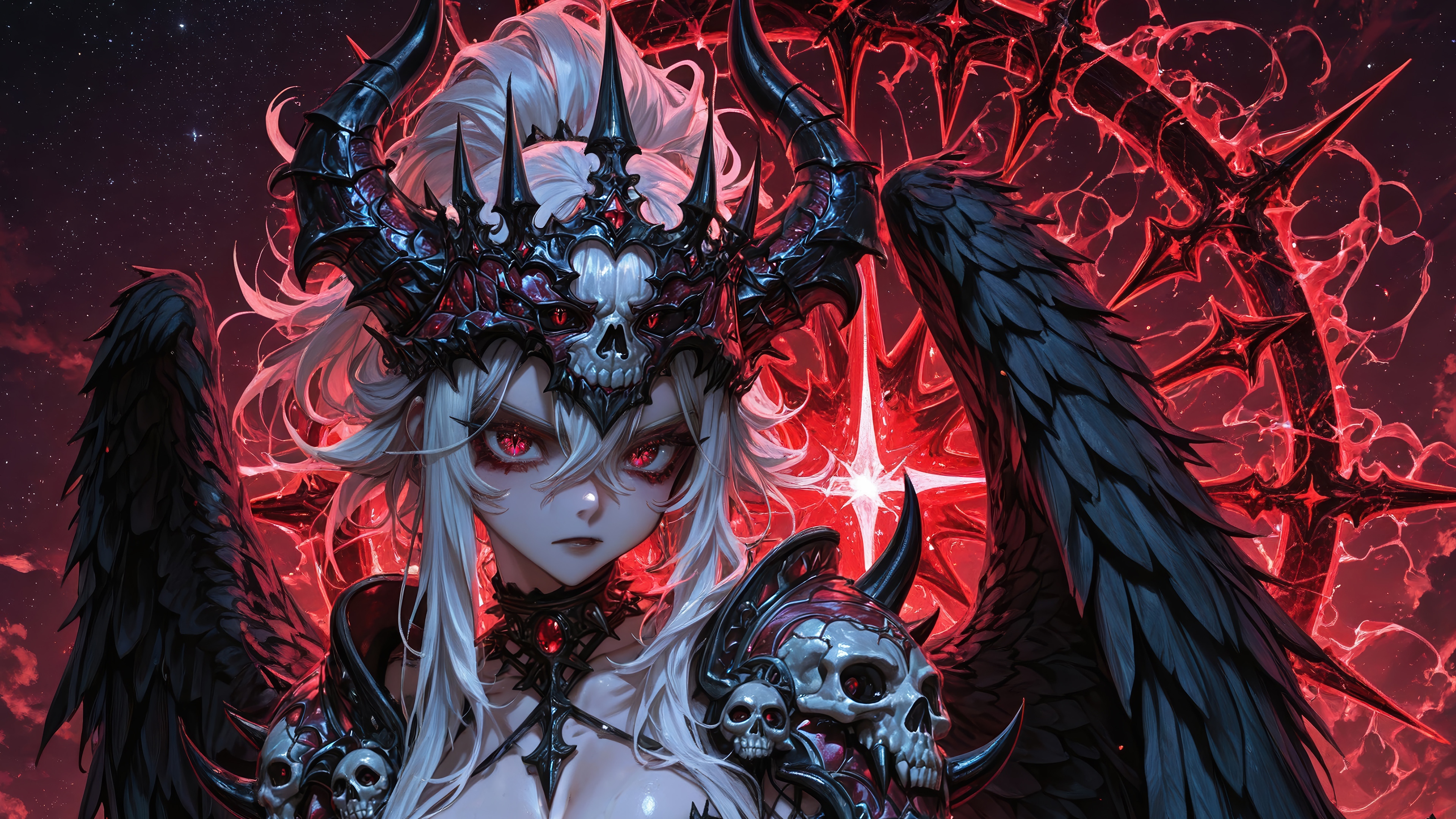 Anime Girl with Red Eyes and Wings in Fantasy 4K HD Wallpaper