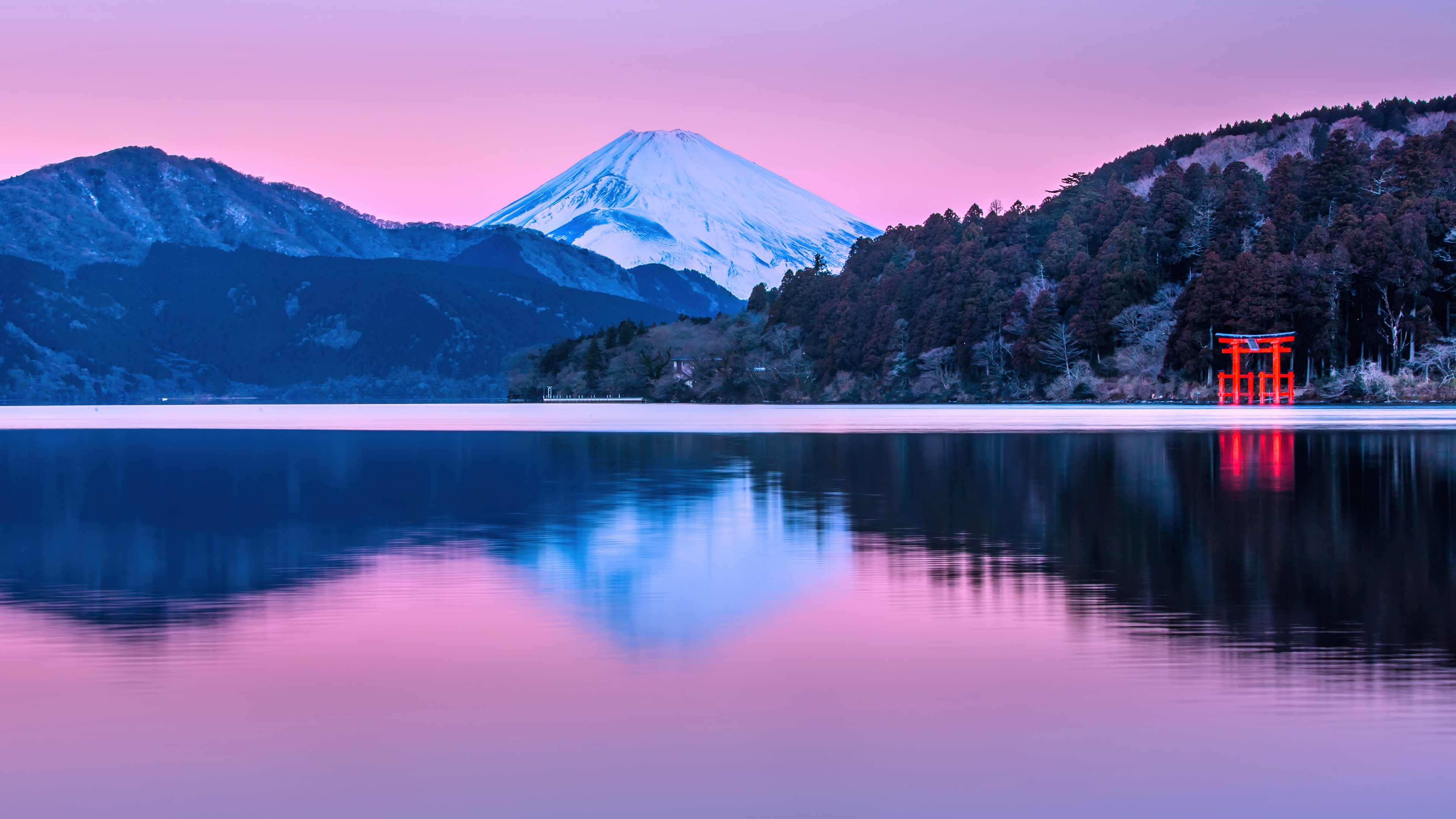 Mount Fuji and Lake Ashi with Torii Gate HD Wallpaper