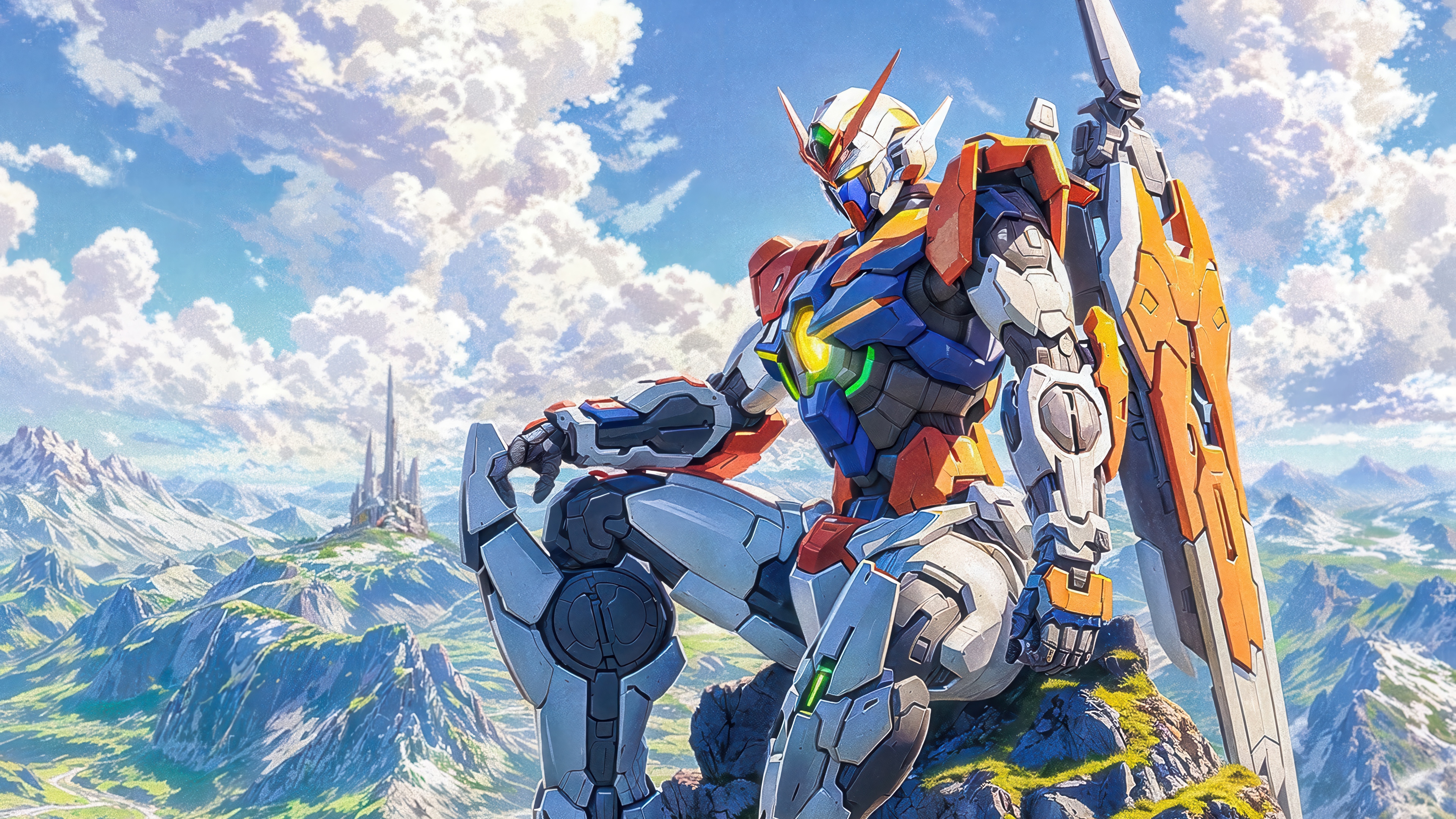 Gundam 4K sitting on a mountain overlooking a castle HD Wallpaper