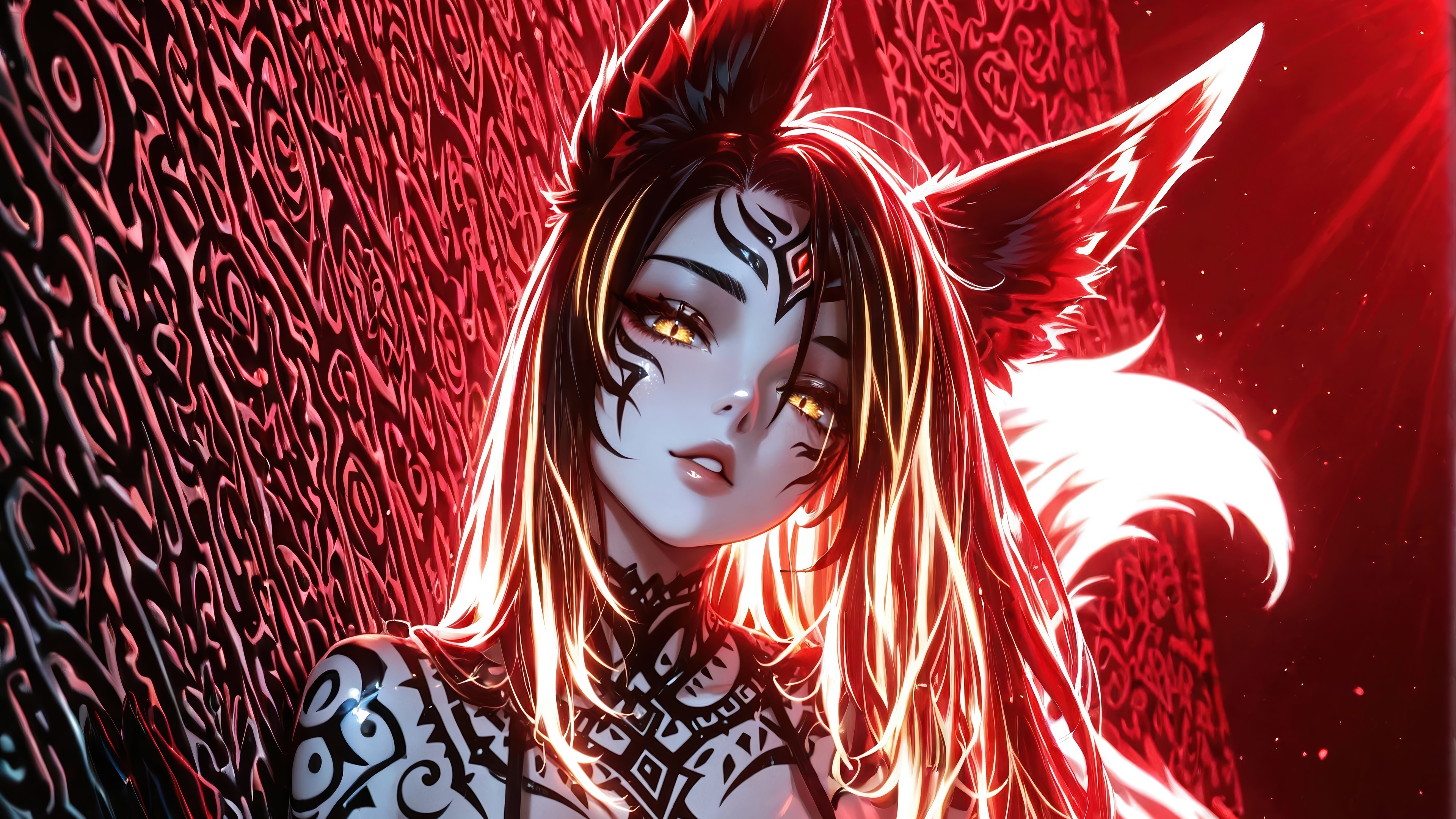 Anime Girl with Fox Ears and Tattoos 4K HD Wallpaper