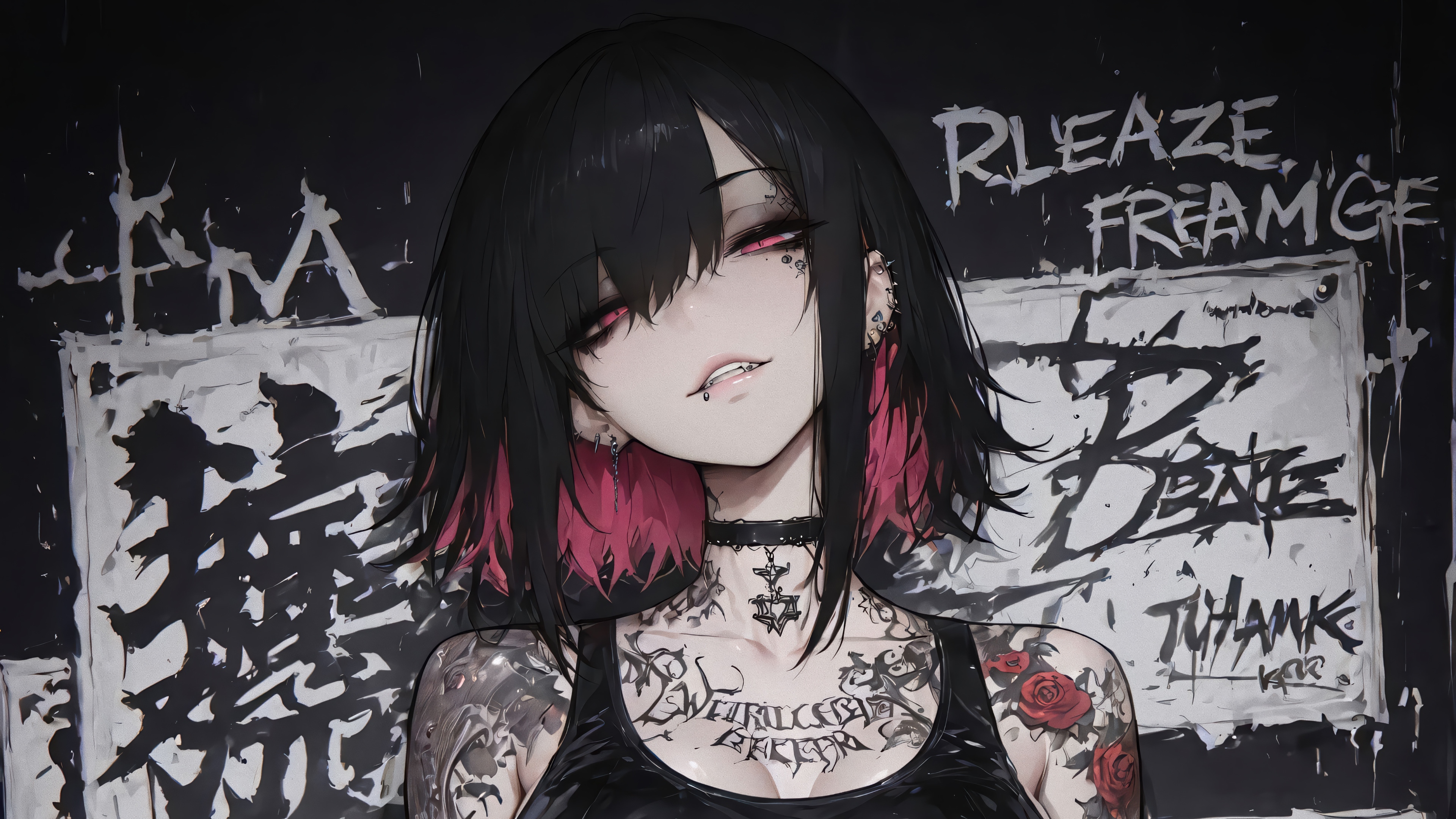 Anime Girl with Tattoos and Pink Streaks in Hair 4K HD Wallpaper