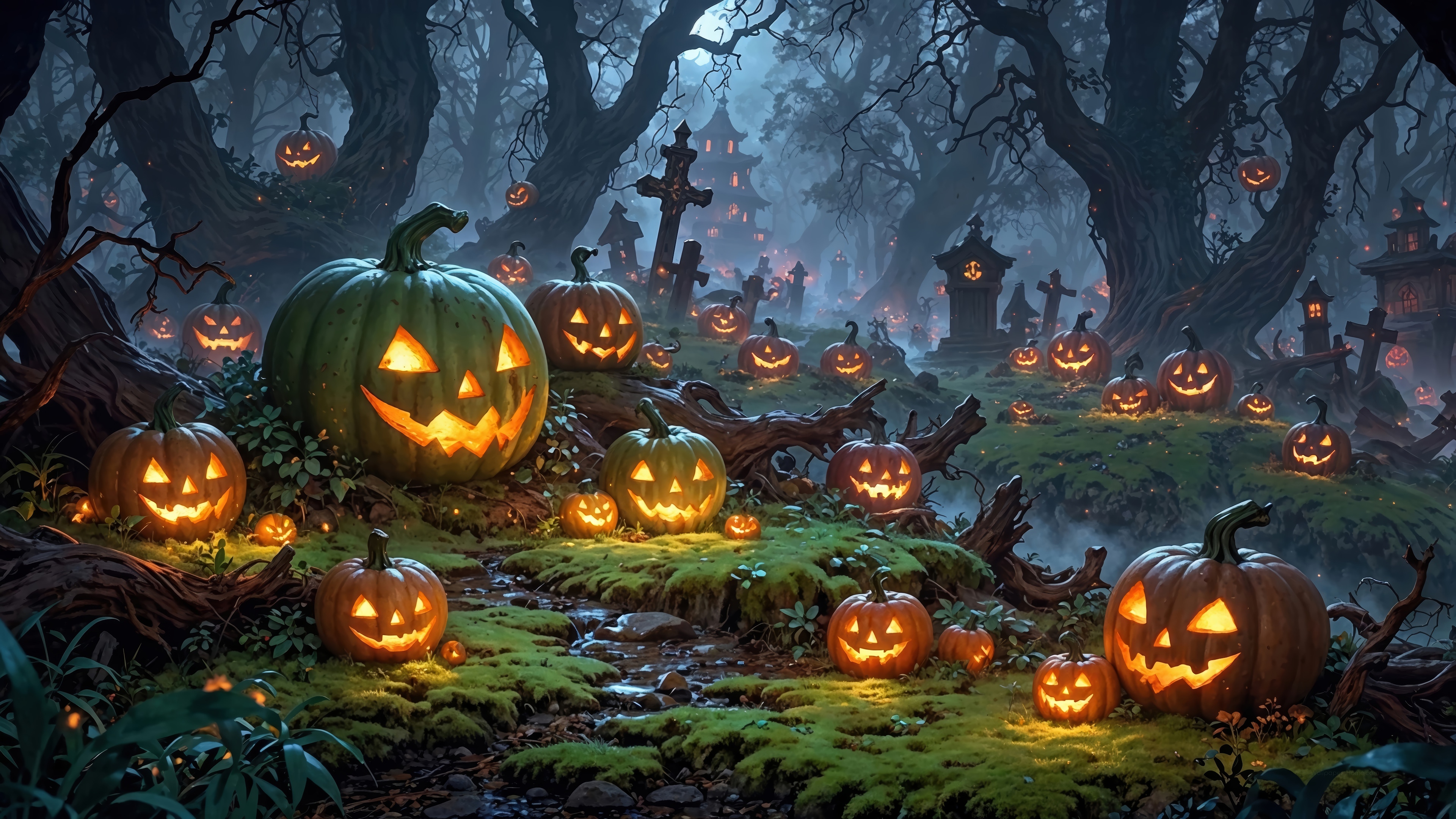 Halloween Graveyard with Carved Pumpkins 4K HD Wallpaper
