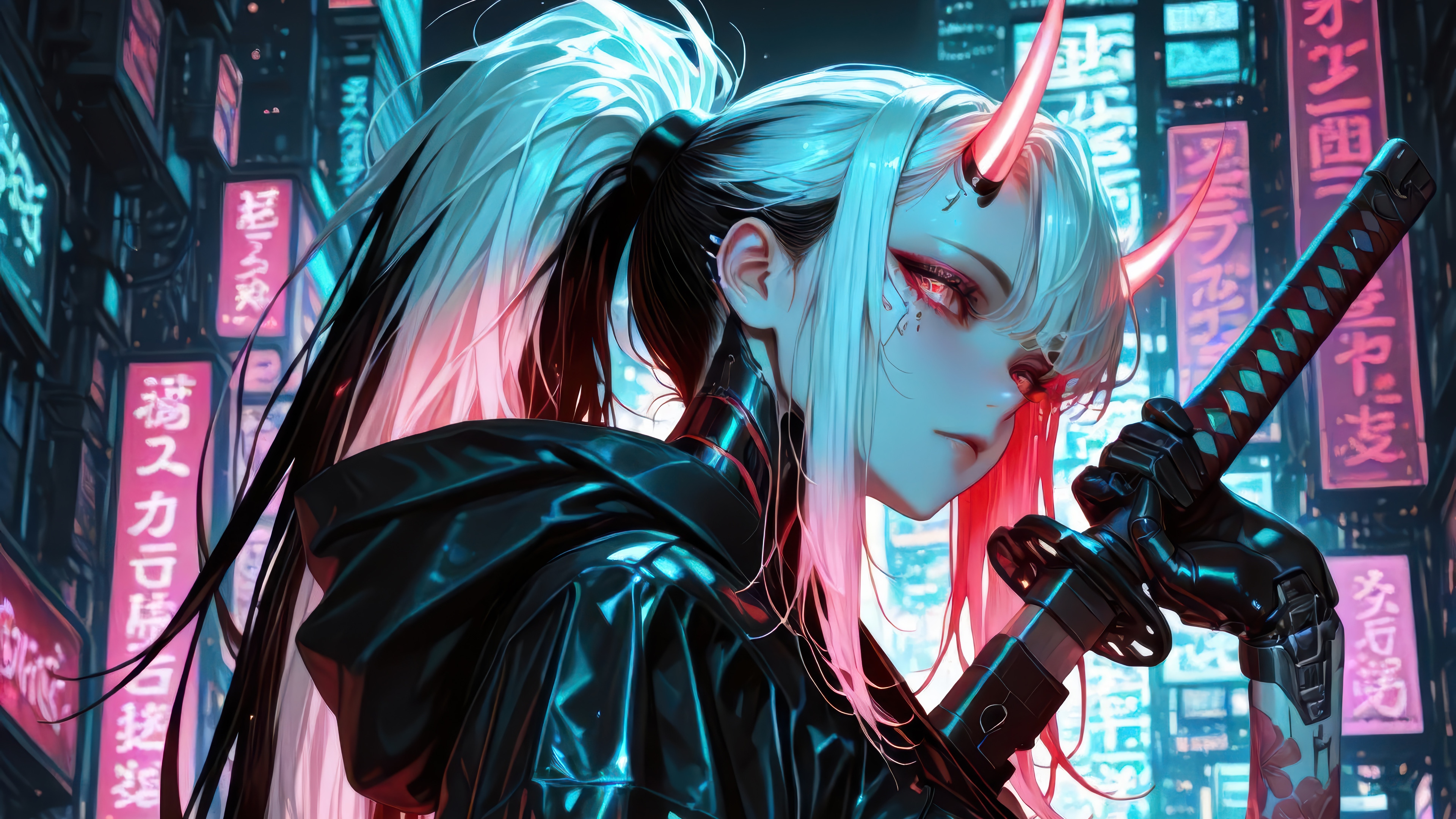 Cyberpunk Demon Girl with Katana 4K HD Wallpaper
