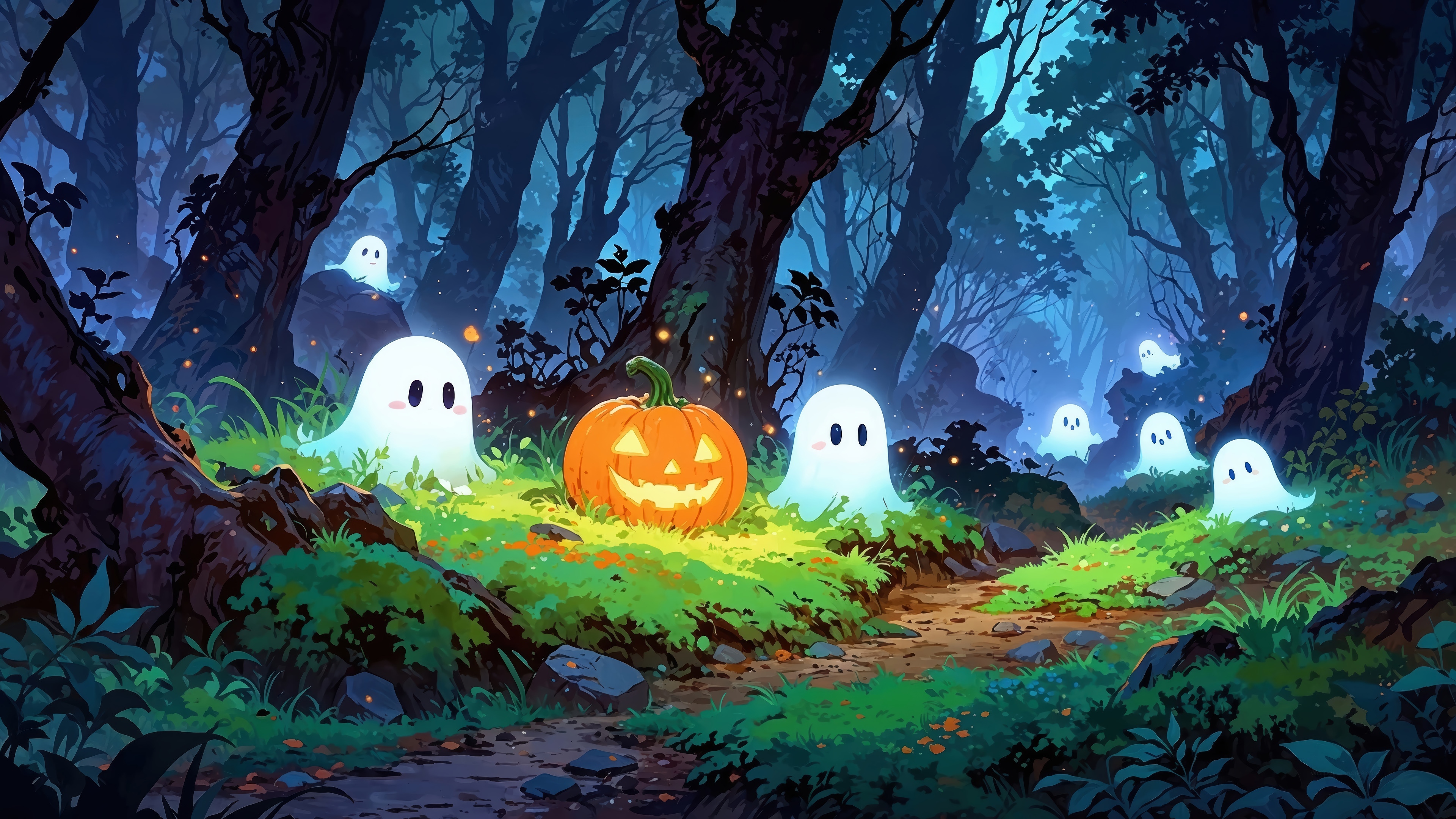 Halloween Forest with Ghosts and Pumpkin 4K HD Wallpaper