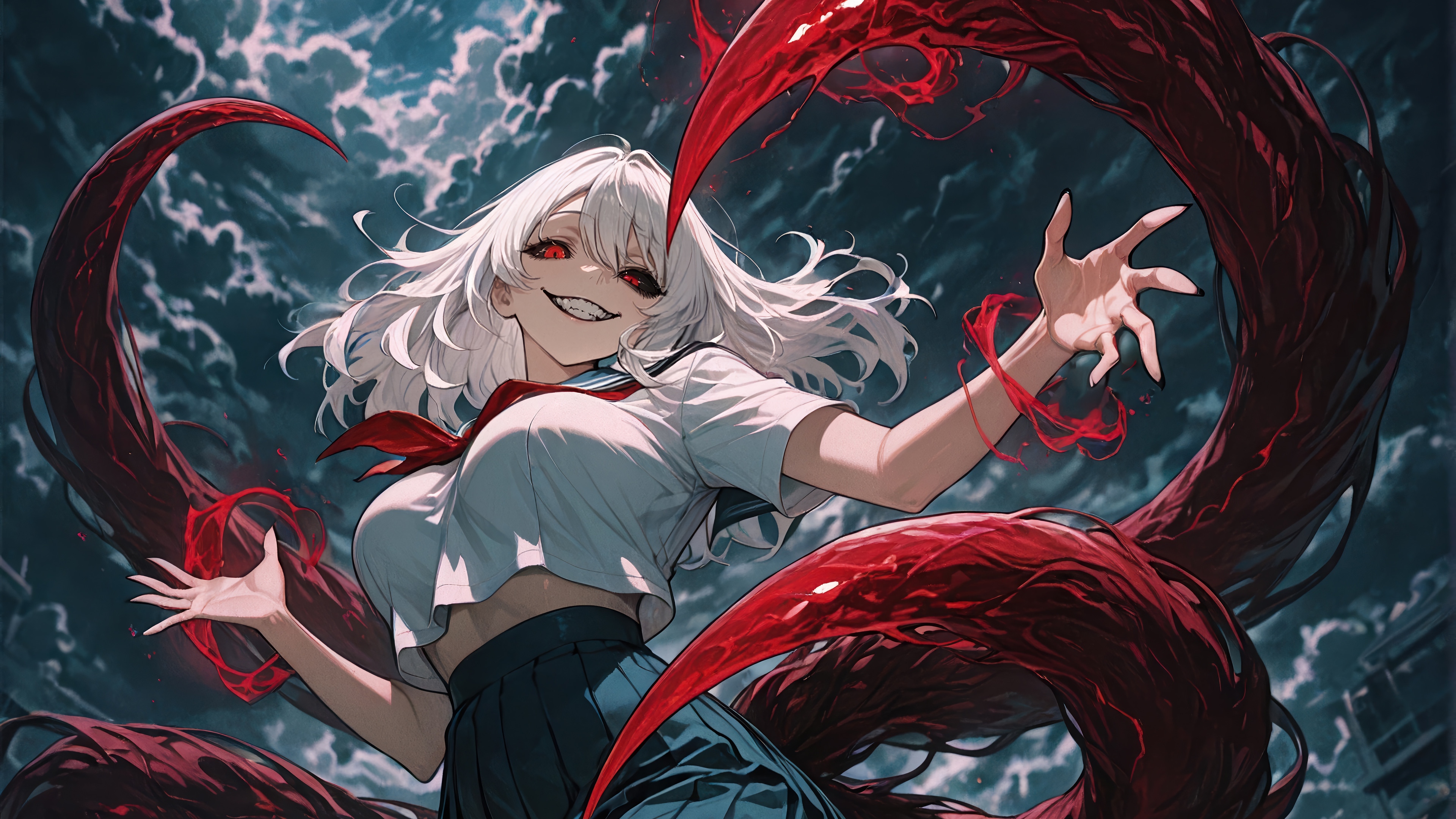 Anime Girl with White Hair and Red Eyes HD Wallpaper