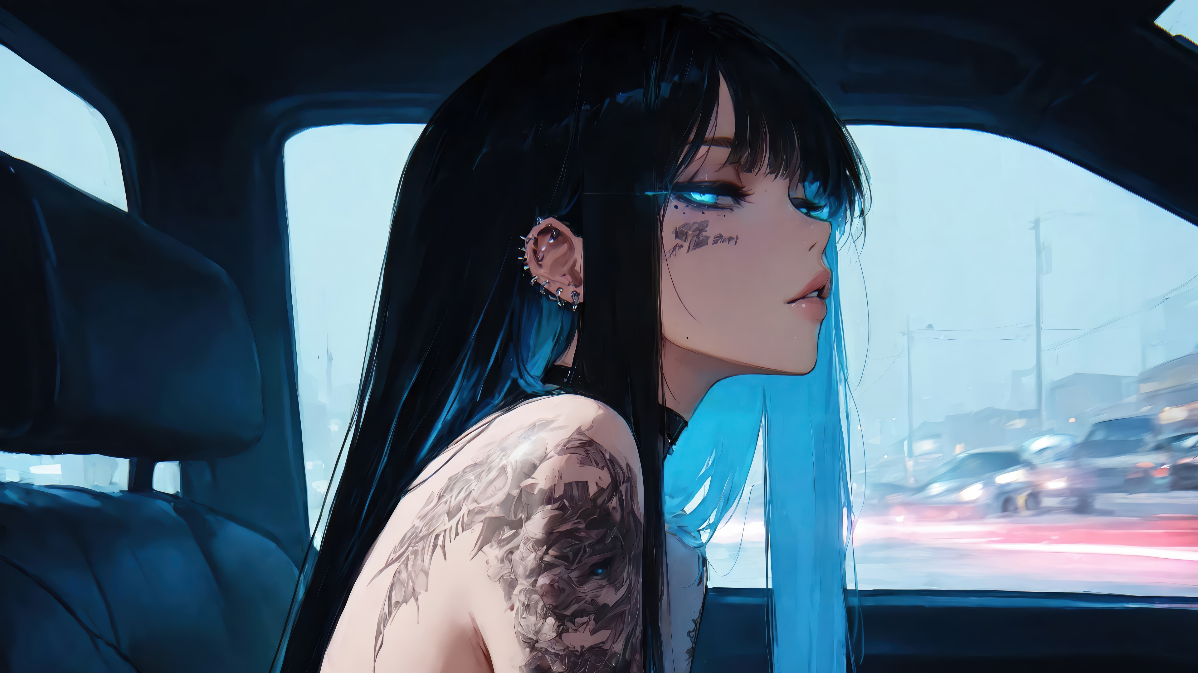 Anime Girl with Tattoos in a Car HD Wallpaper