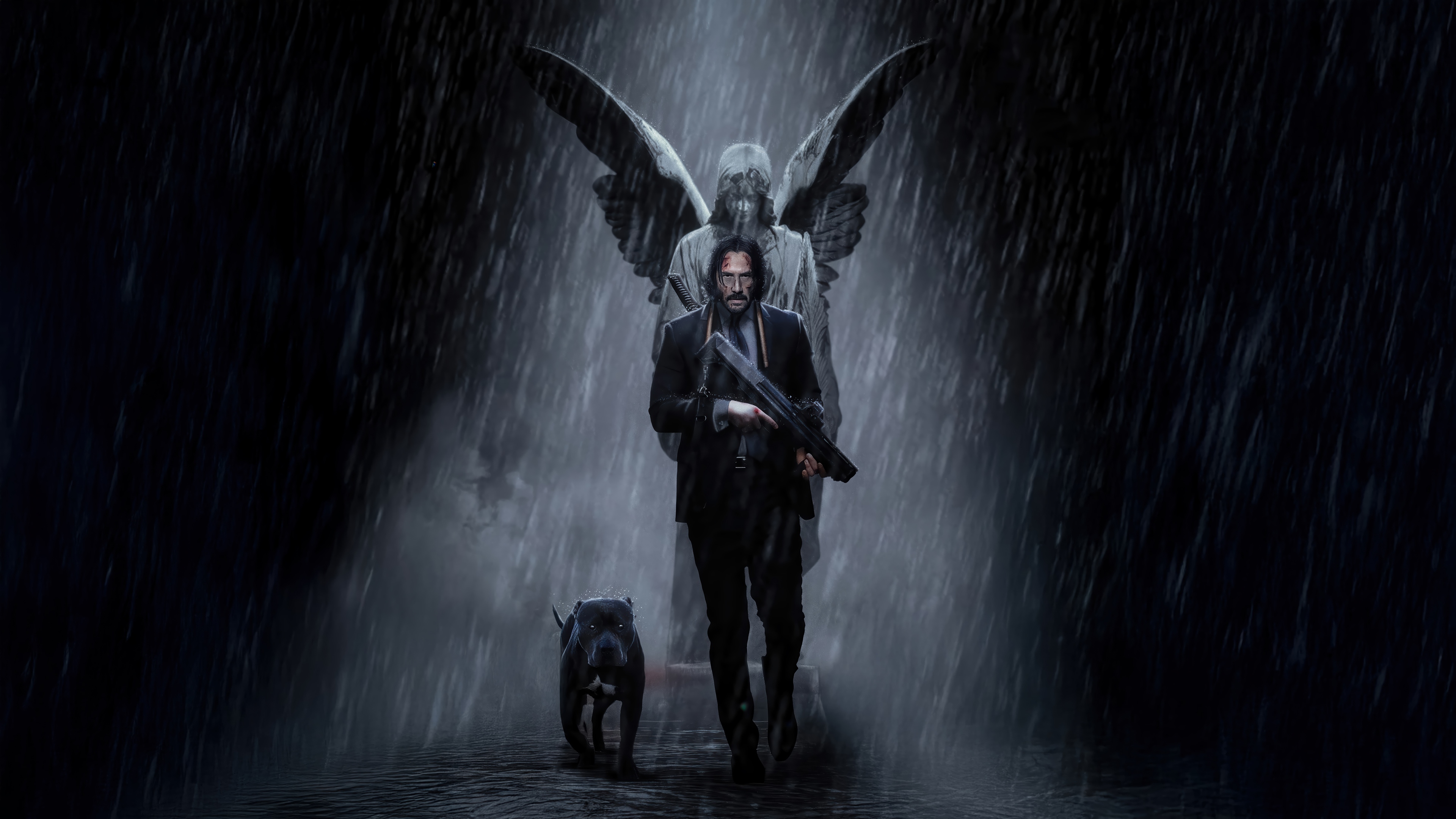John Wick with Dog and Angel Statue in Rain 4K HD Wallpaper