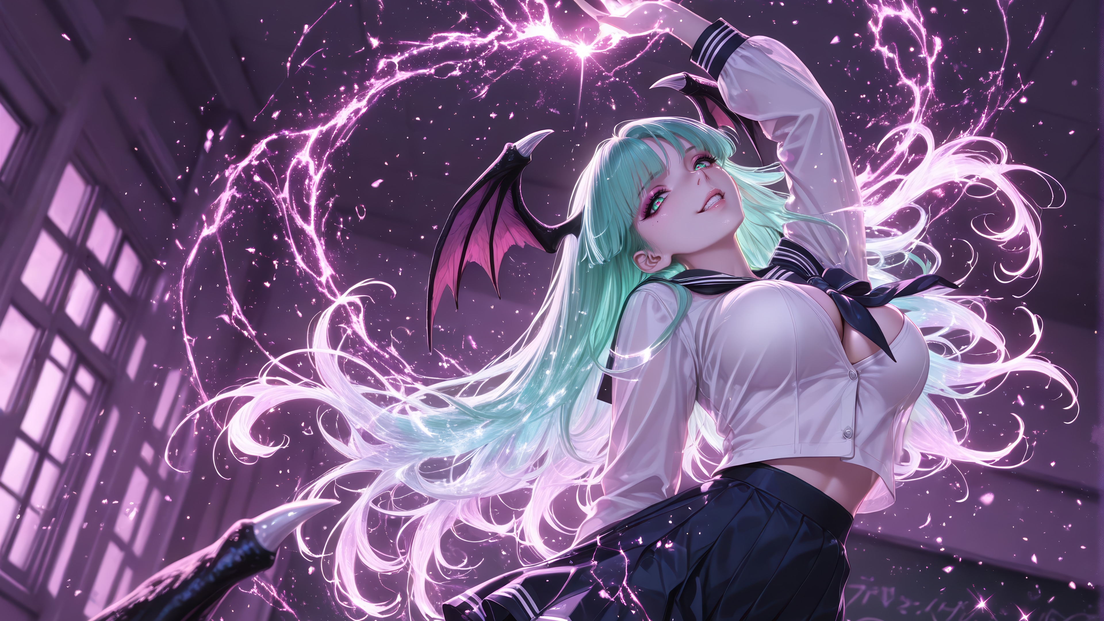Morrigan Aensland in School Uniform with Lightning 4K HD Wallpaper