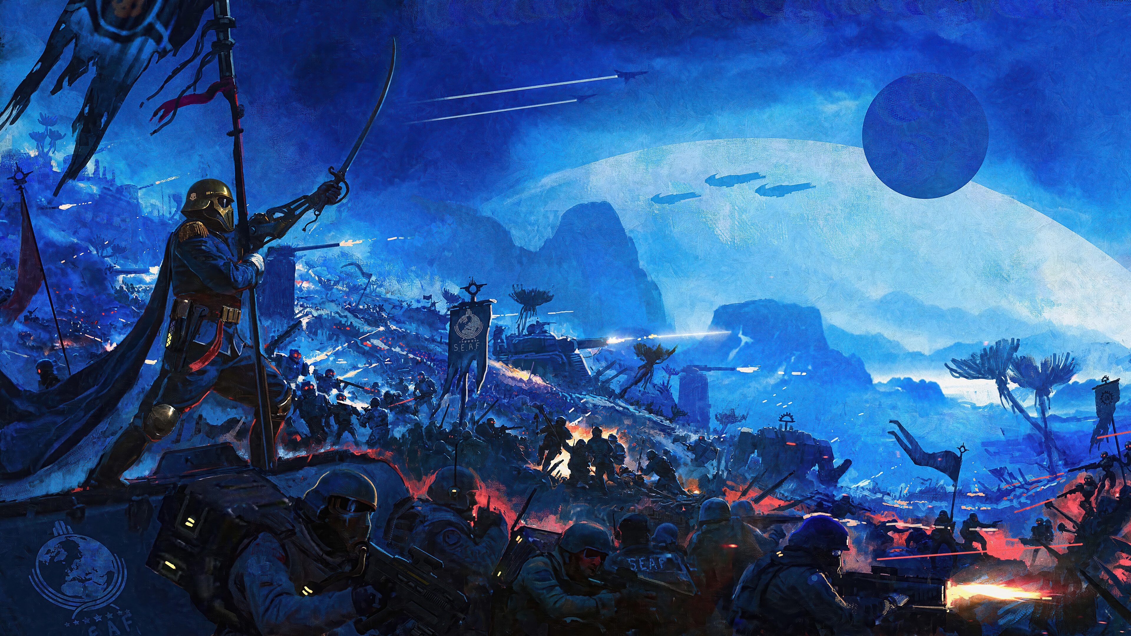 Helldivers 2 soldiers in a blue-toned battlefield 4K HD Wallpaper