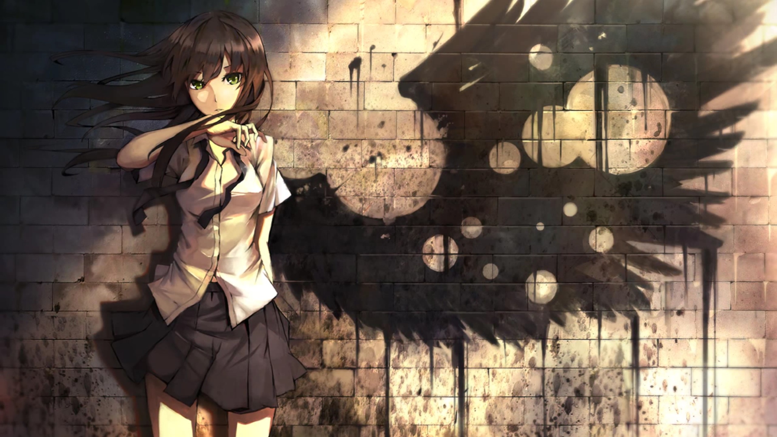 Anime girl with dark hair and green eyes leaning against a brick wall HD Wallpaper