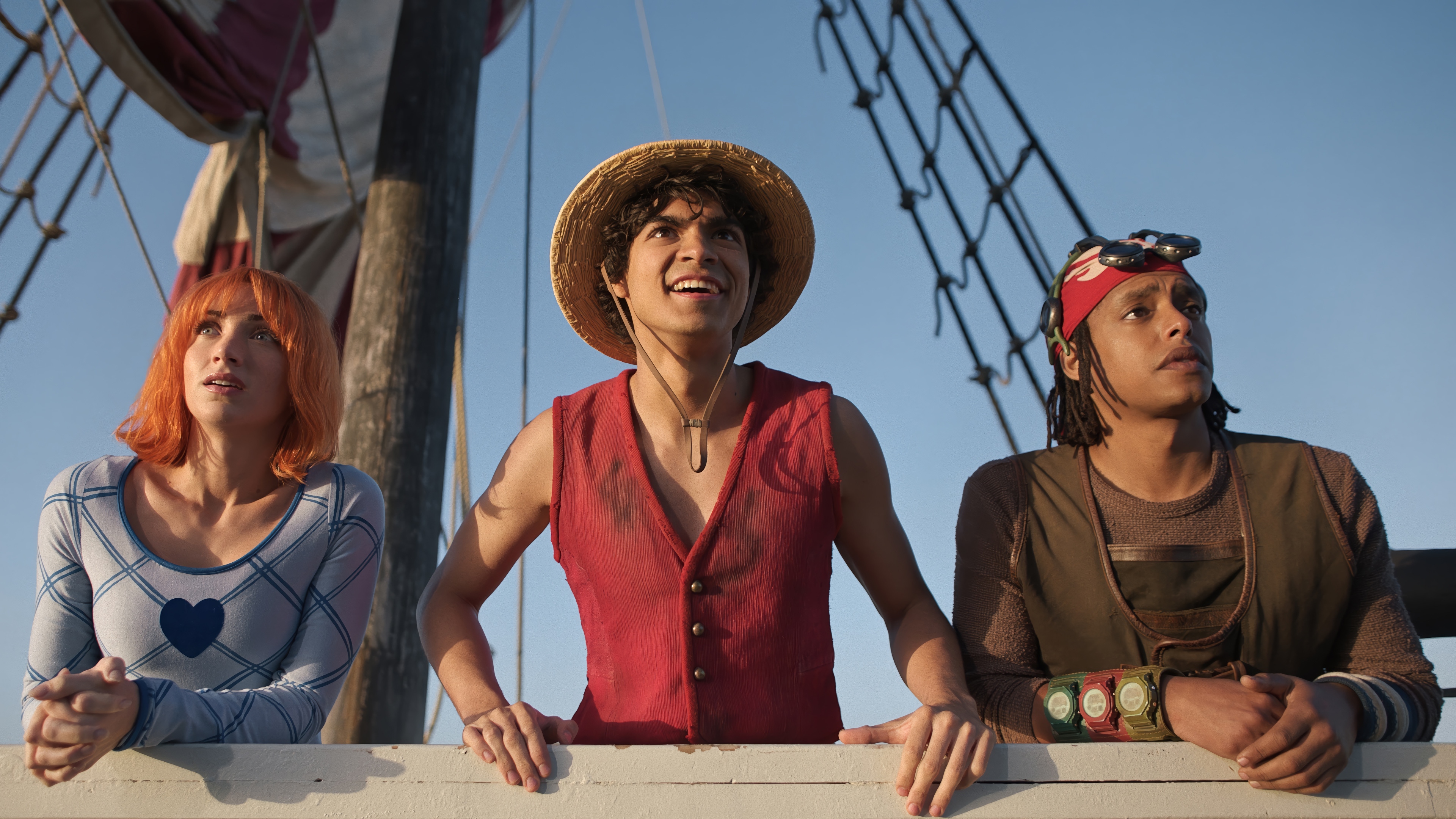One Piece: Nami, Monkey D. Luffy, and Usopp on a Ship HD Wallpaper