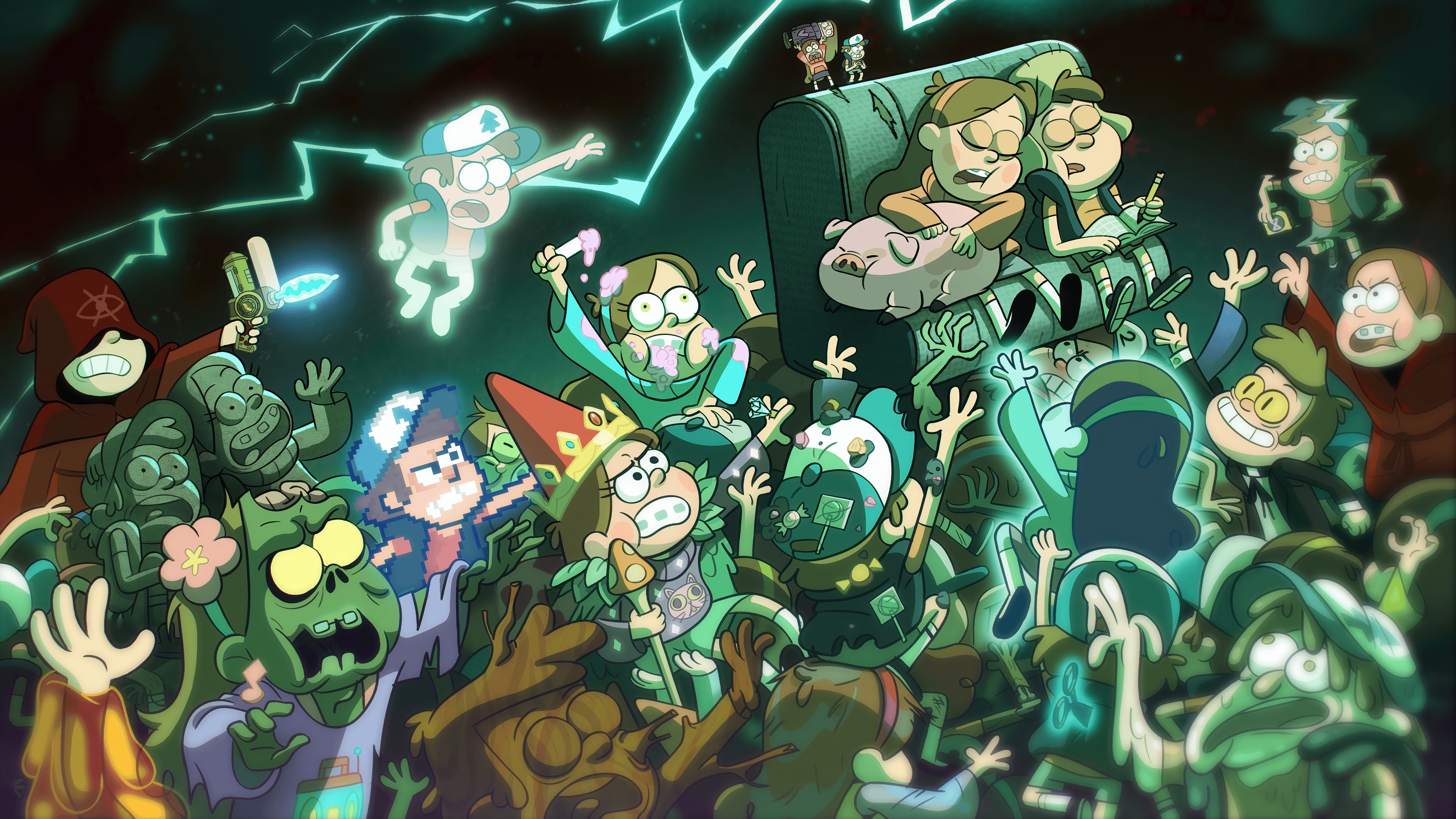Gravity Falls characters fighting monsters HD Wallpaper