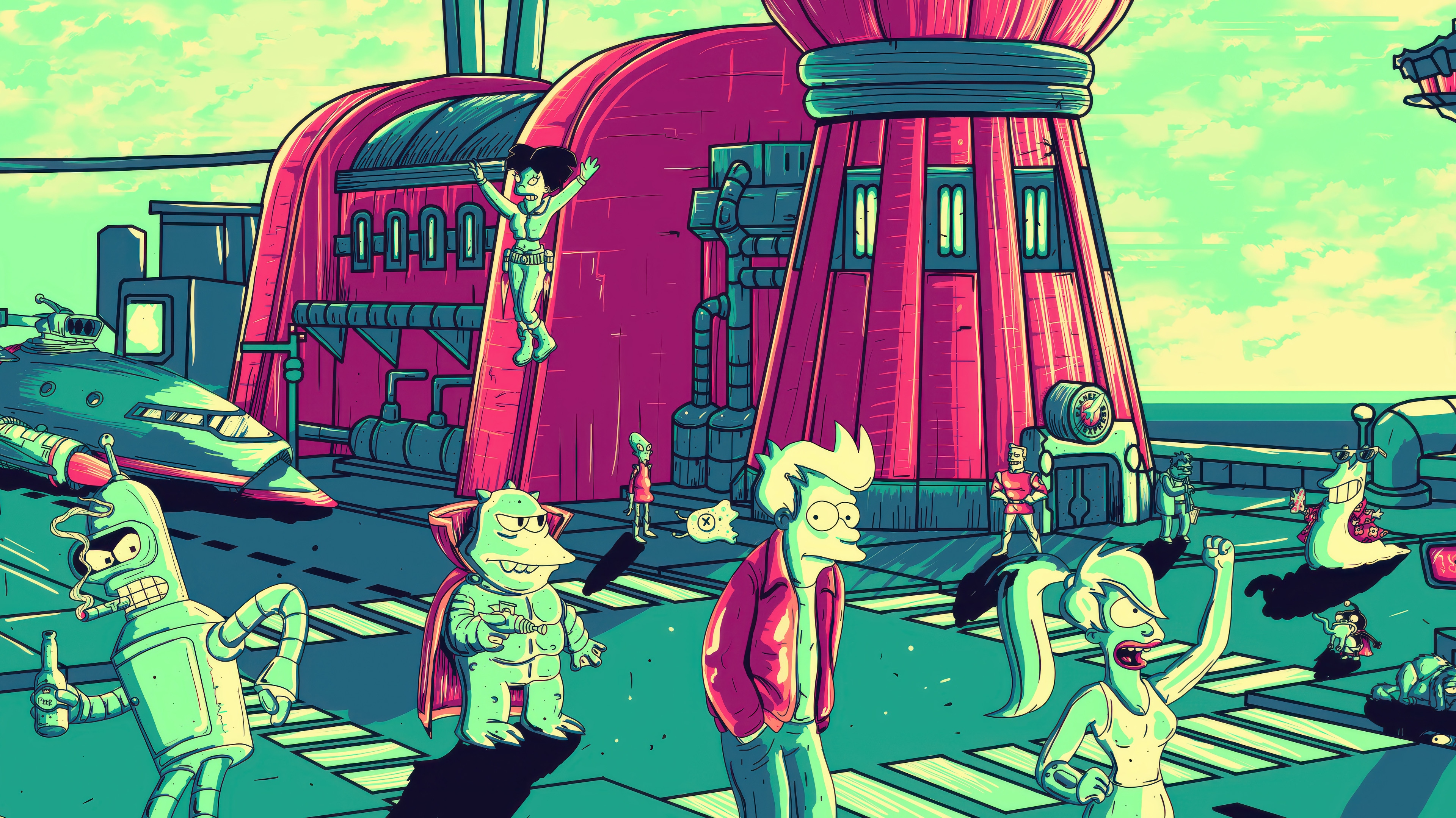 Futurama characters in front of a large pink building HD Wallpaper