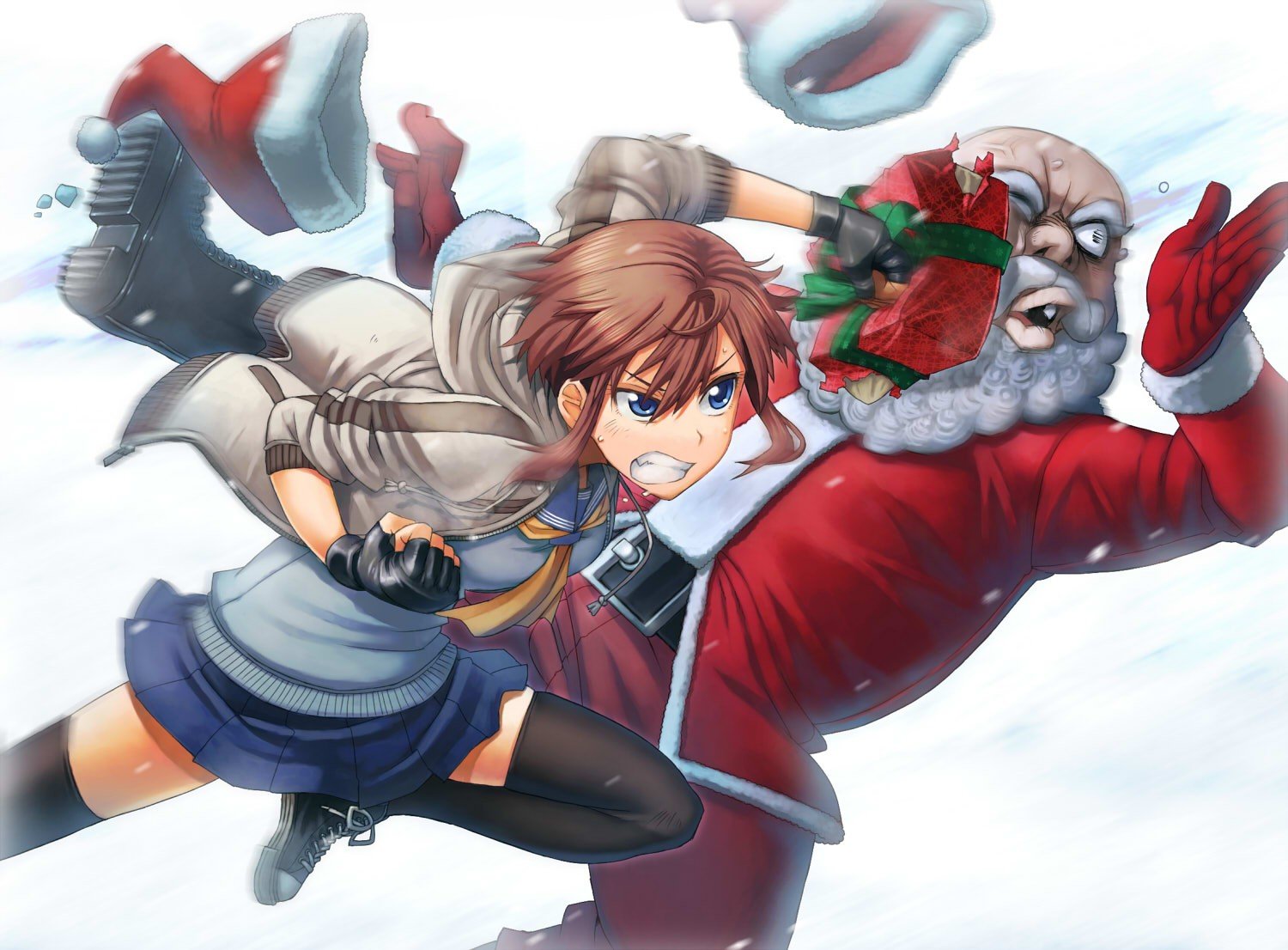 Anime girl fighting Santa Claus in the snow HD Wallpaper