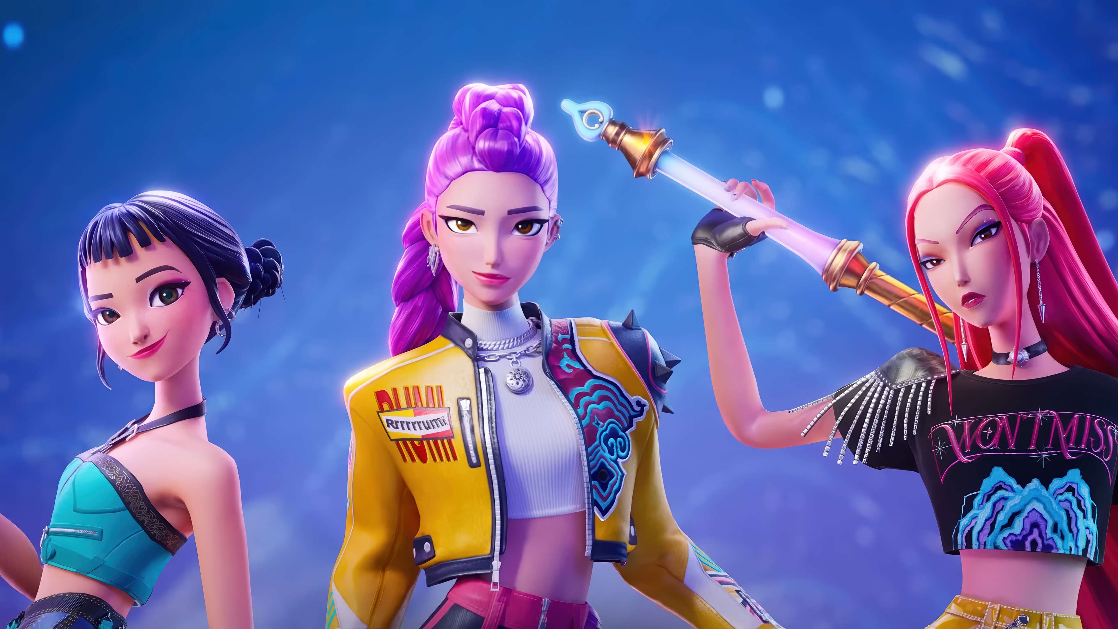 KPop Demon Hunters Rumi, Zoey, and Mira in Fortnite 4K HD Wallpaper