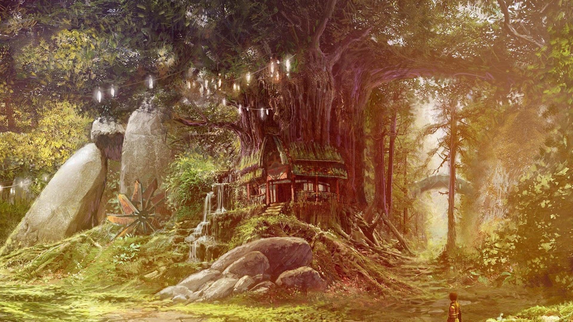 Fantasy forest with a treehouse and a person HD Wallpaper