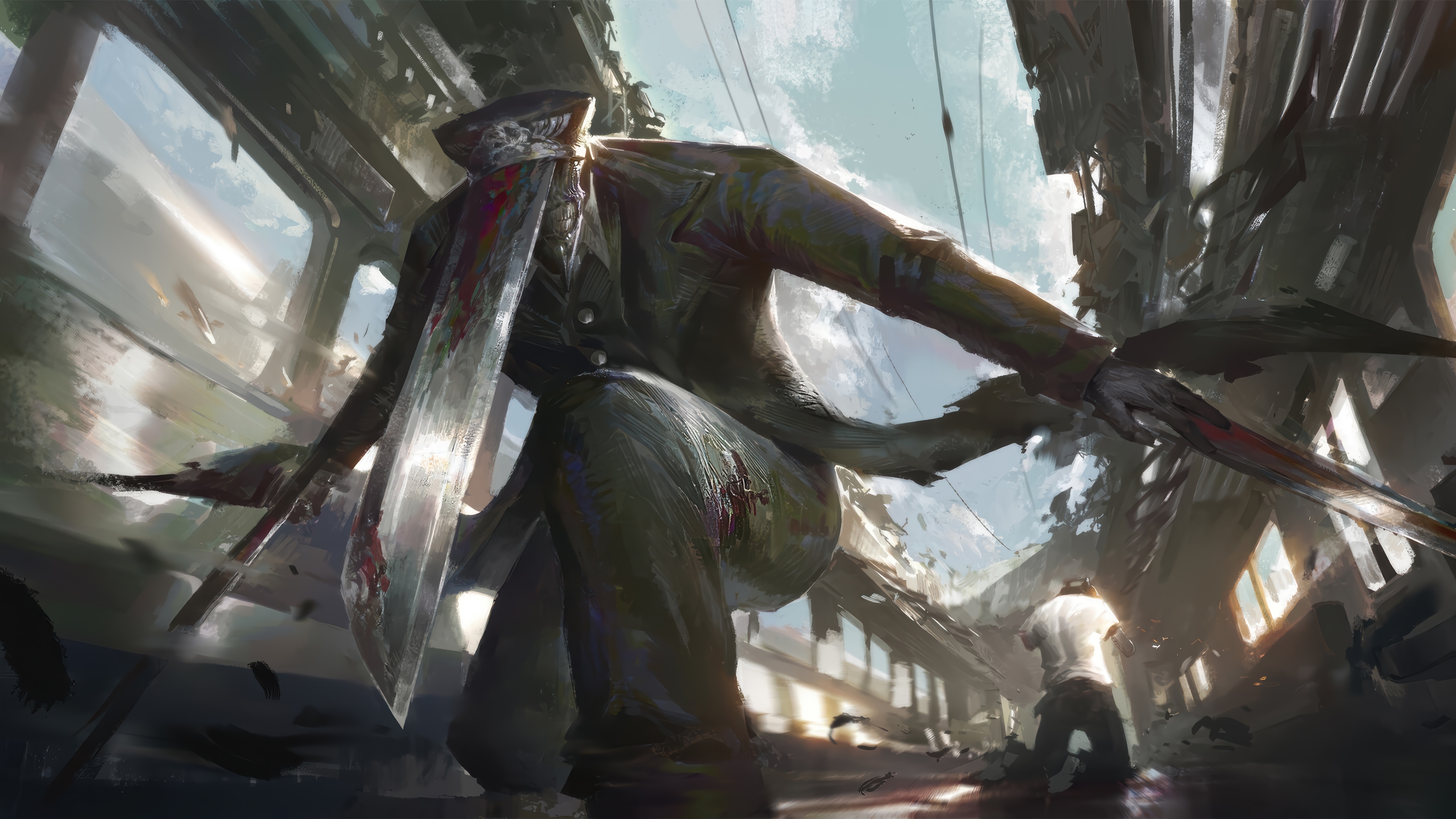 Katana Man in a Destroyed Train 4K HD Wallpaper