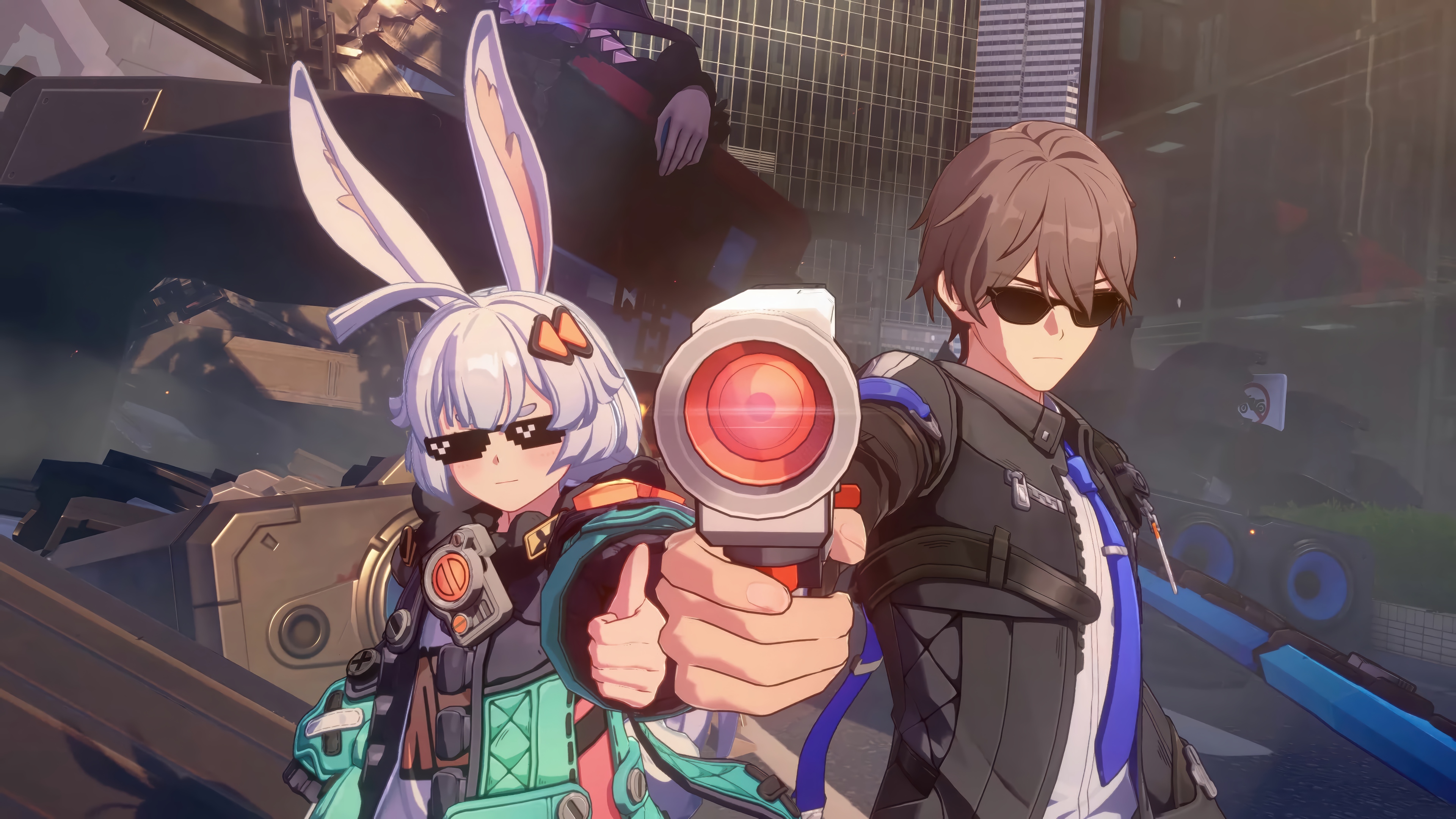 Ananta characters with pixelated sunglasses and guns HD Wallpaper