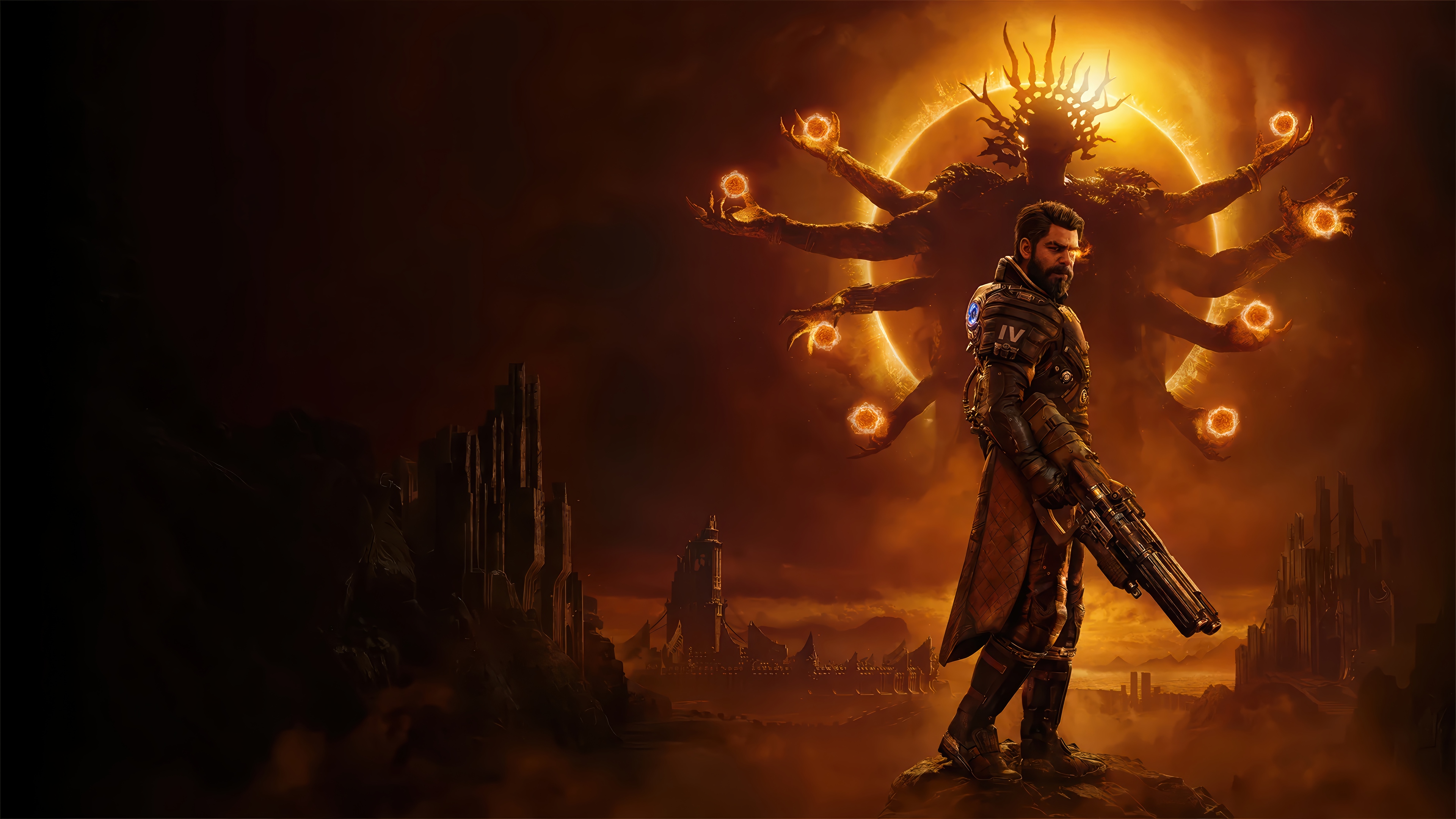 Saros and a multi-armed deity in a desolate landscape HD Wallpaper