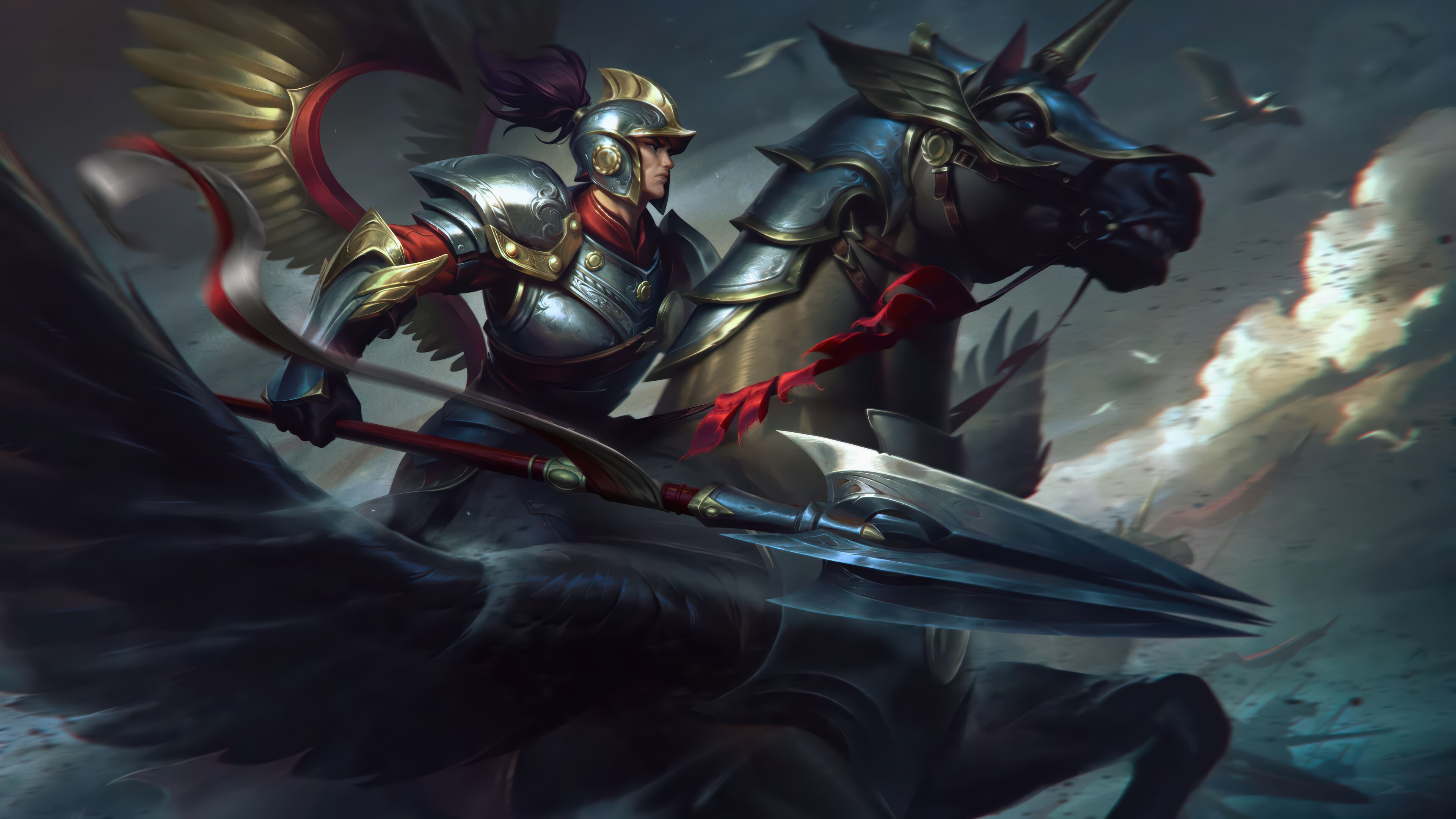 Xin Zhao on a winged horse in League of Legends 4K HD Wallpaper