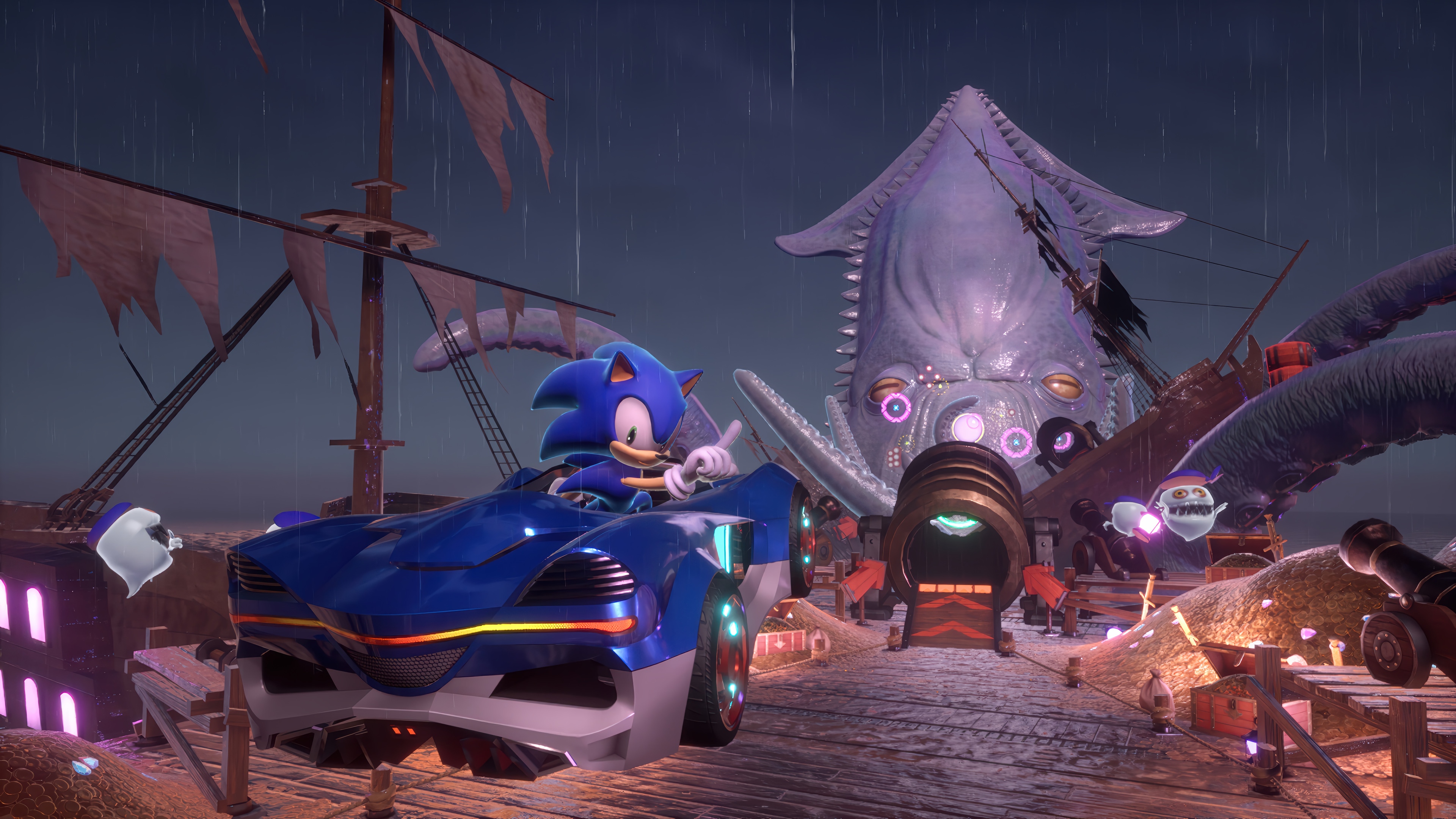 Sonic the Hedgehog in a racing game with a giant squid HD Wallpaper