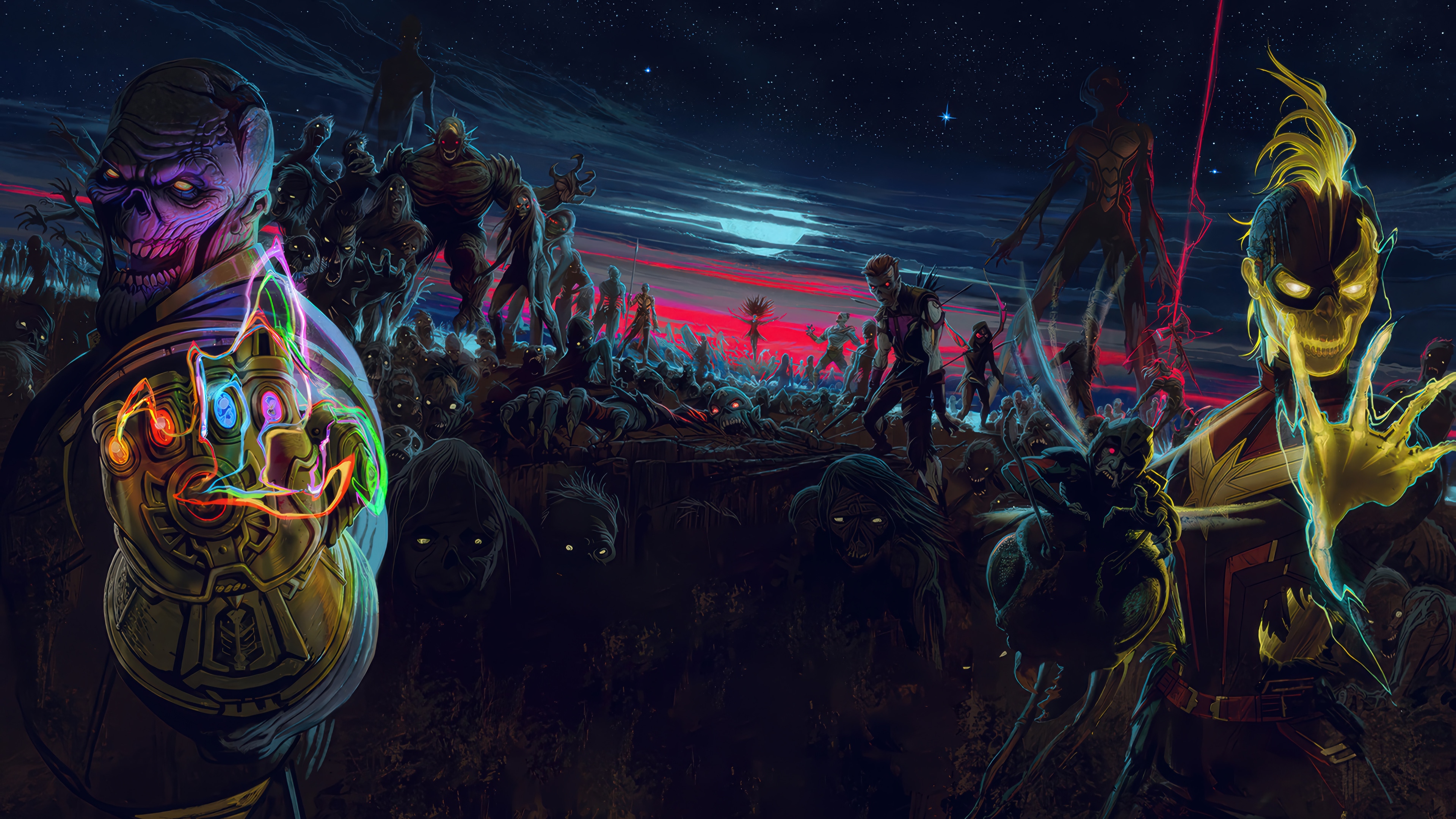 Marvel Zombies Thanos with Infinity Gauntlet and Captain Marvel HD Wallpaper