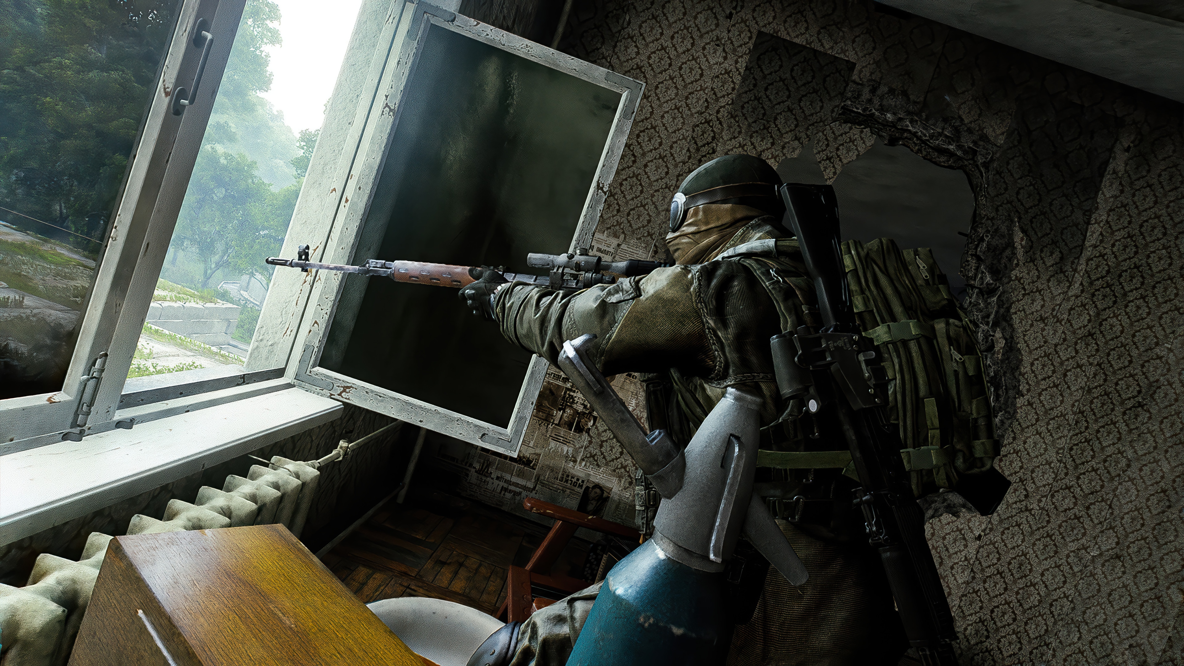 Soldier aiming rifle through broken window in 4K HD Wallpaper