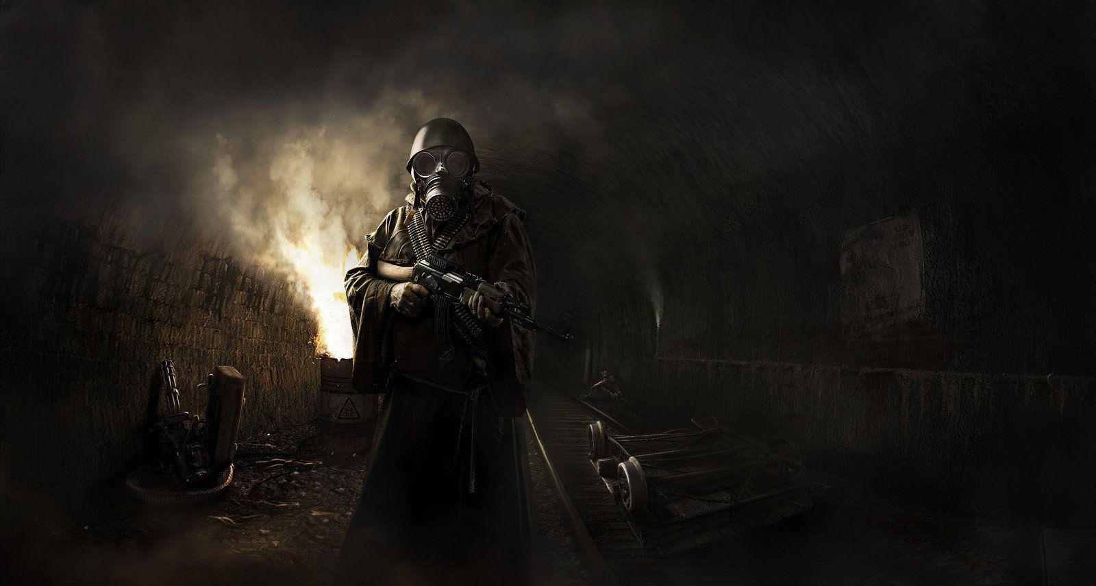 Apocalyptic soldier in metro tunnel with fire HD Wallpaper