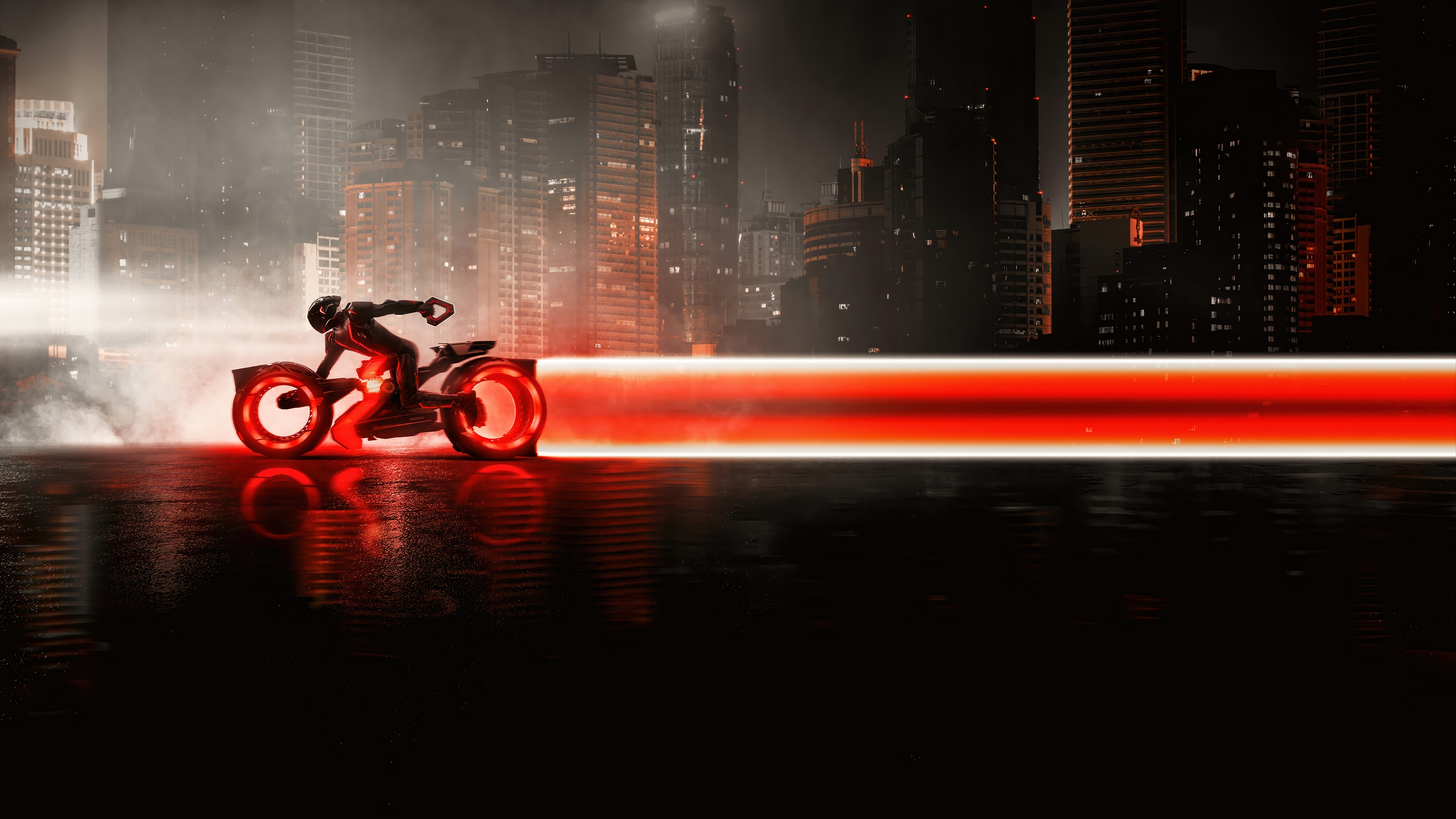 Tron: Ares Light Cycle in a Futuristic City 4K HD Wallpaper
