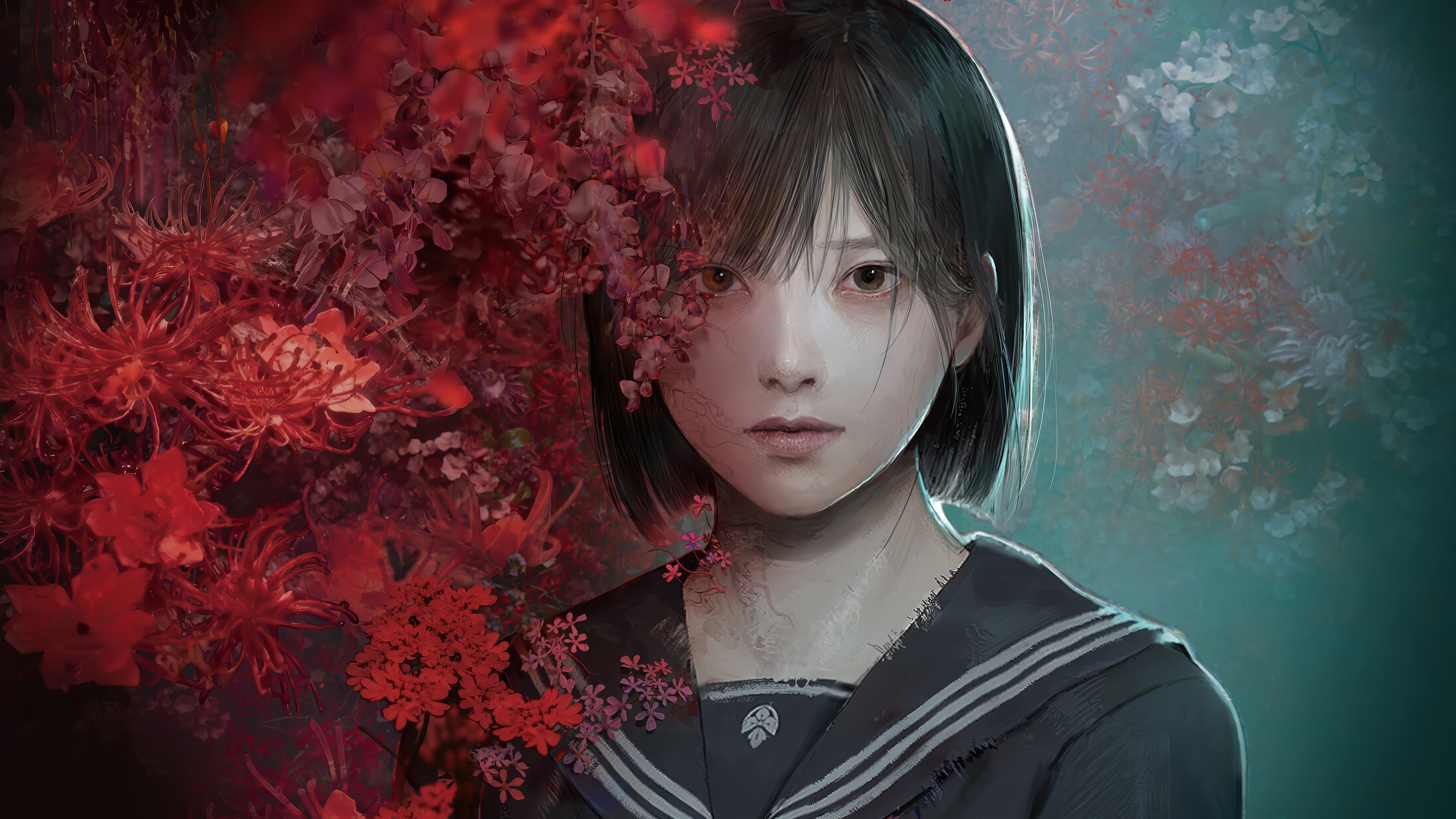 Silent Hill F: Hinako Shimizu with Red Flowers HD Wallpaper