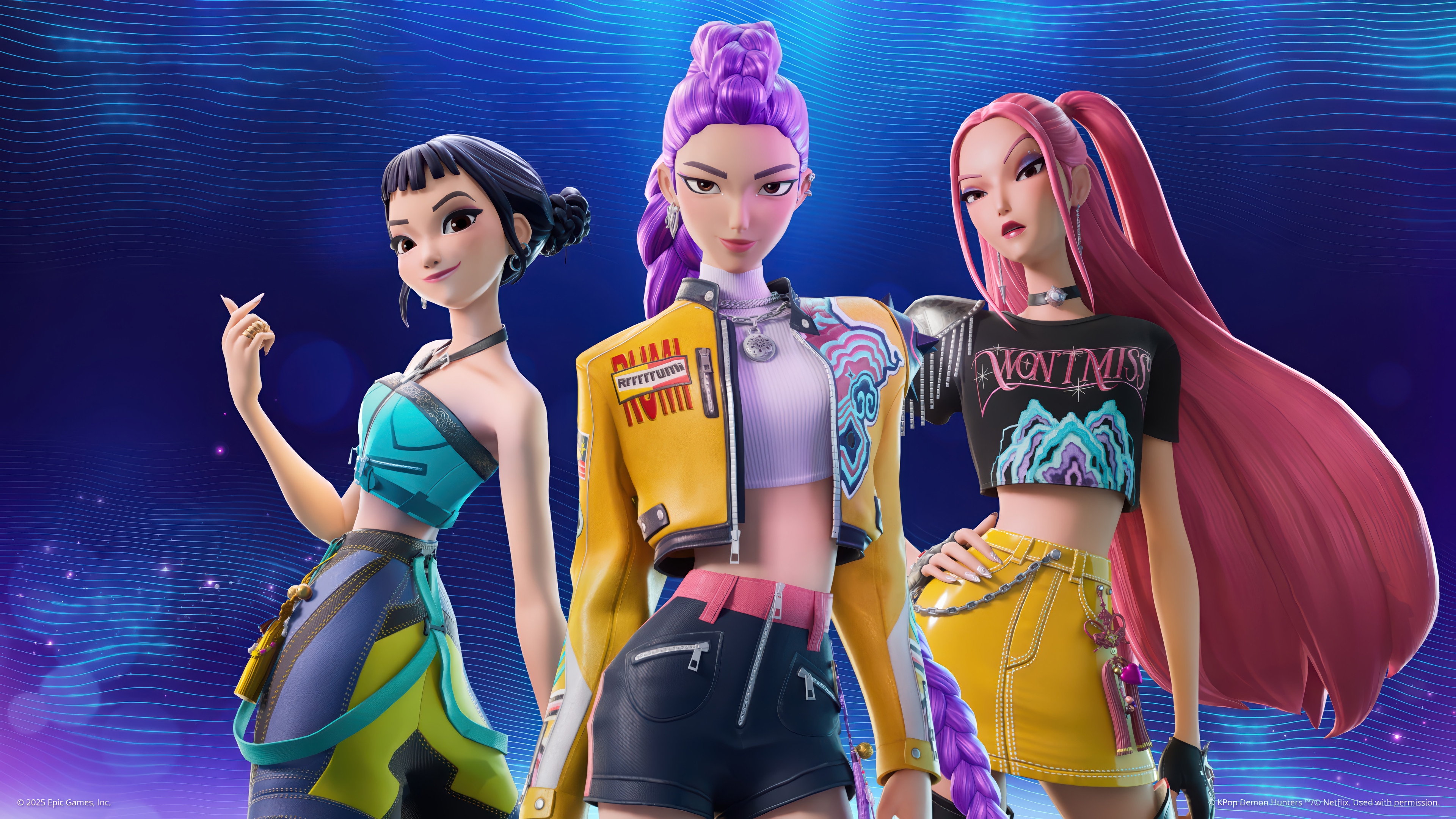 KPop Demon Hunters Rumi, Mira, and Zoey in Fortnite 4K HD Wallpaper