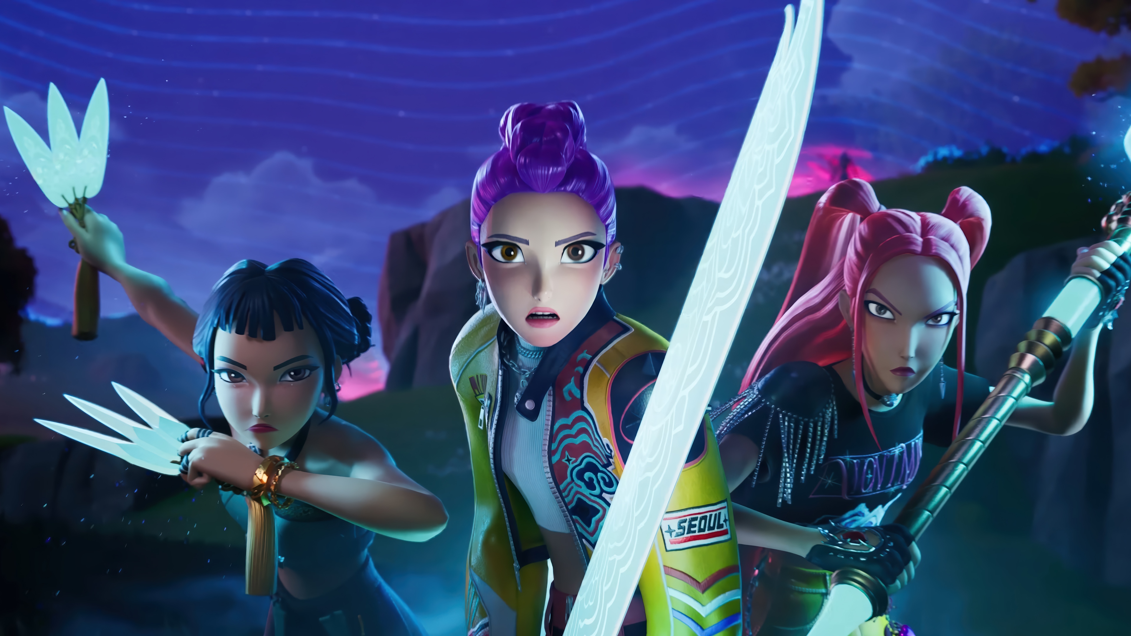 KPop Demon Hunters Rumi, Mira, and Zoey in Fortnite 4K HD Wallpaper