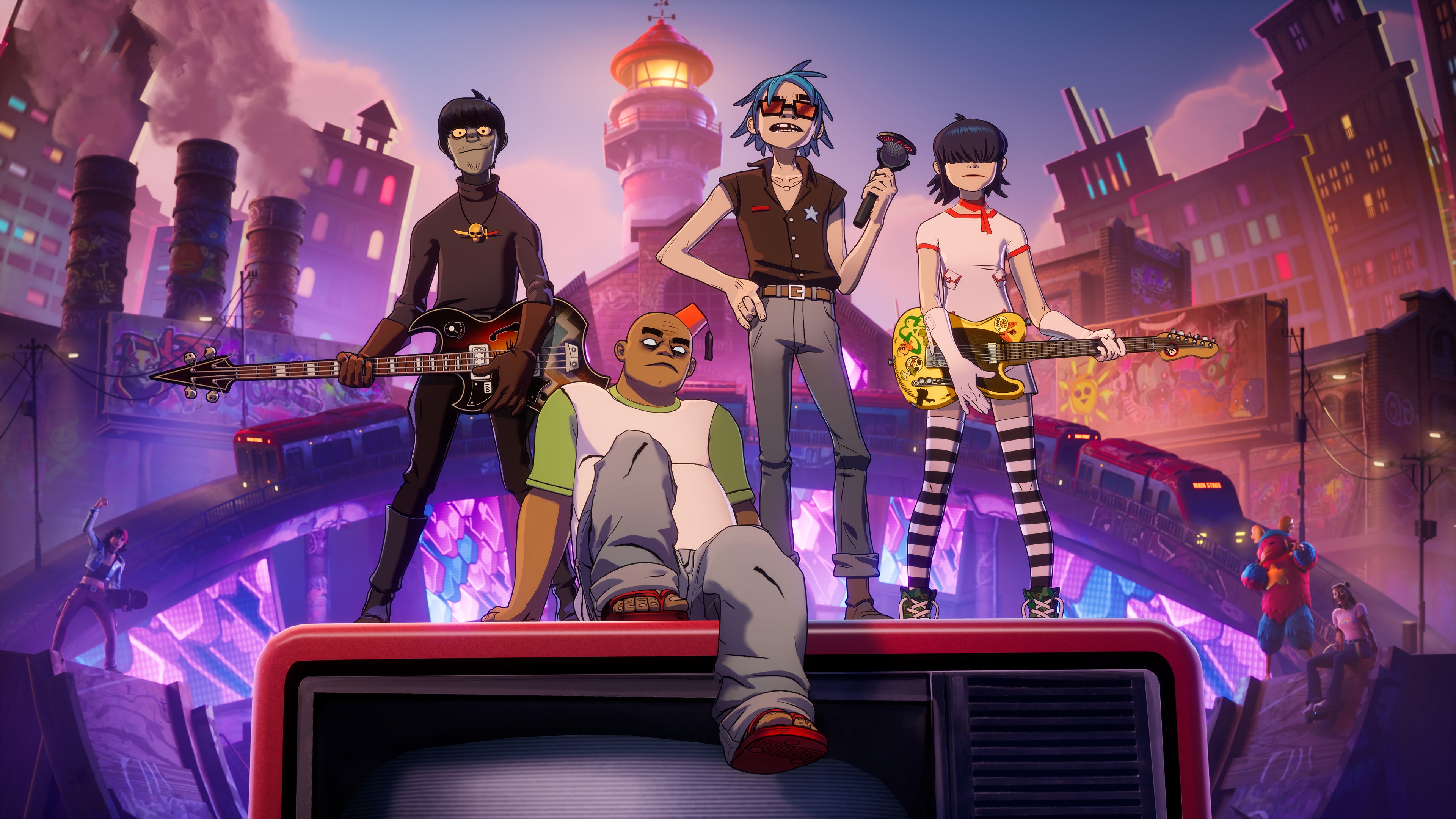 Gorillaz in a futuristic city HD Wallpaper