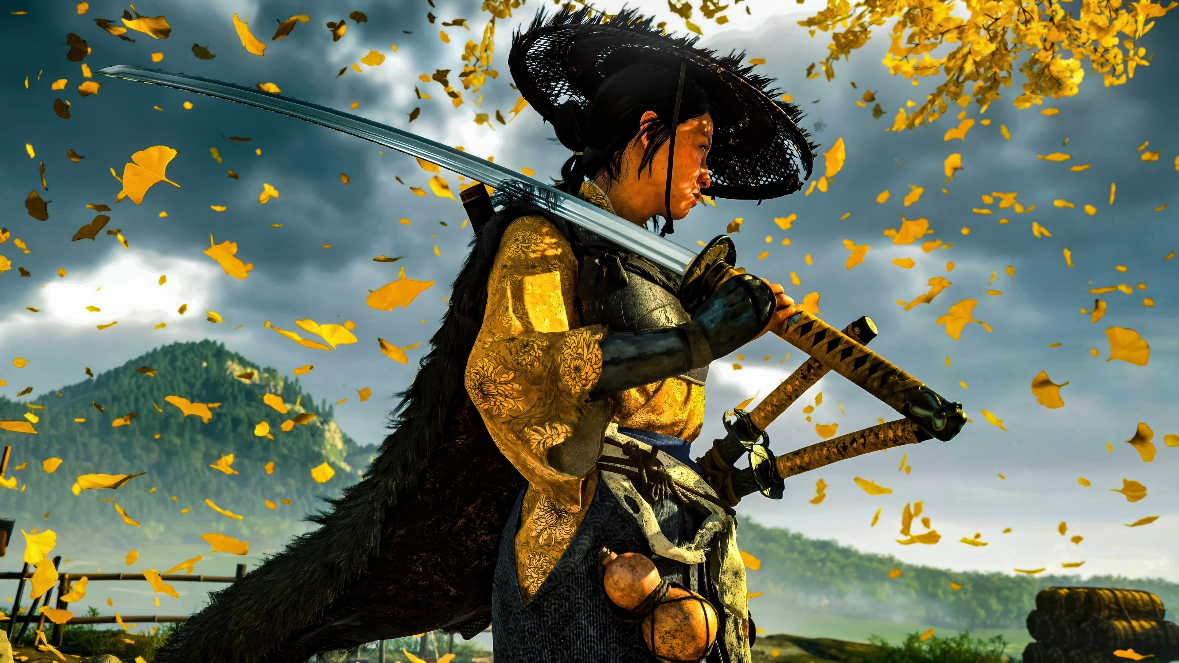 Ghost of Yotei Samurai with Katana in Falling Leaves HD Wallpaper