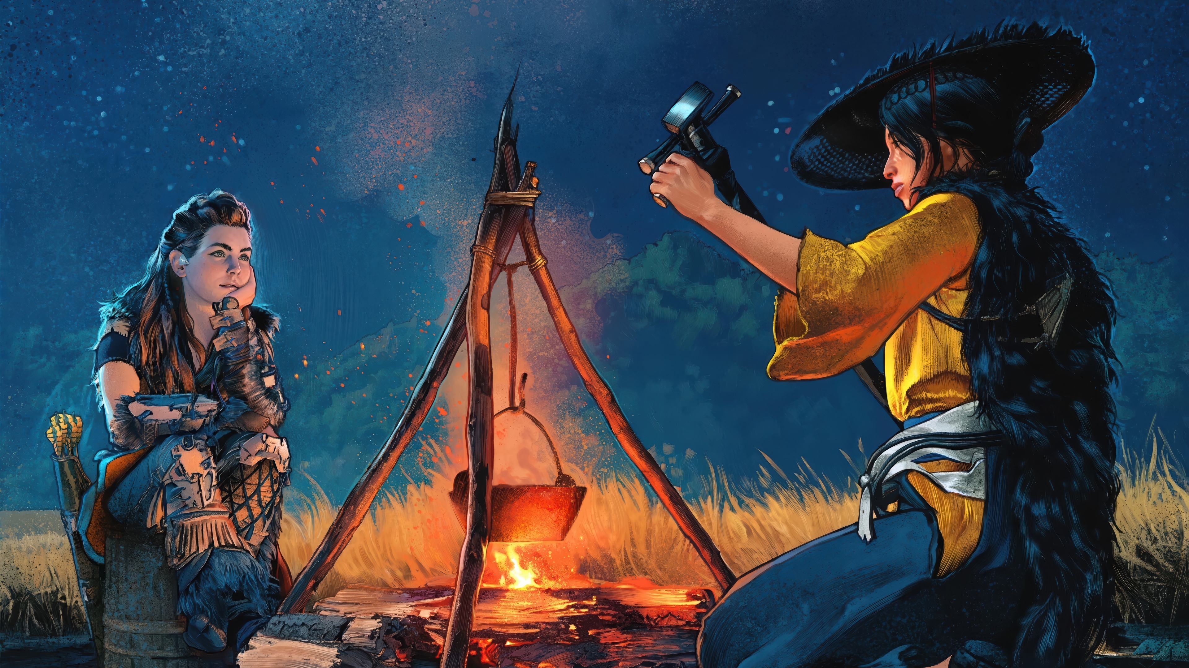 Ghost of Yotei characters by a campfire HD Wallpaper
