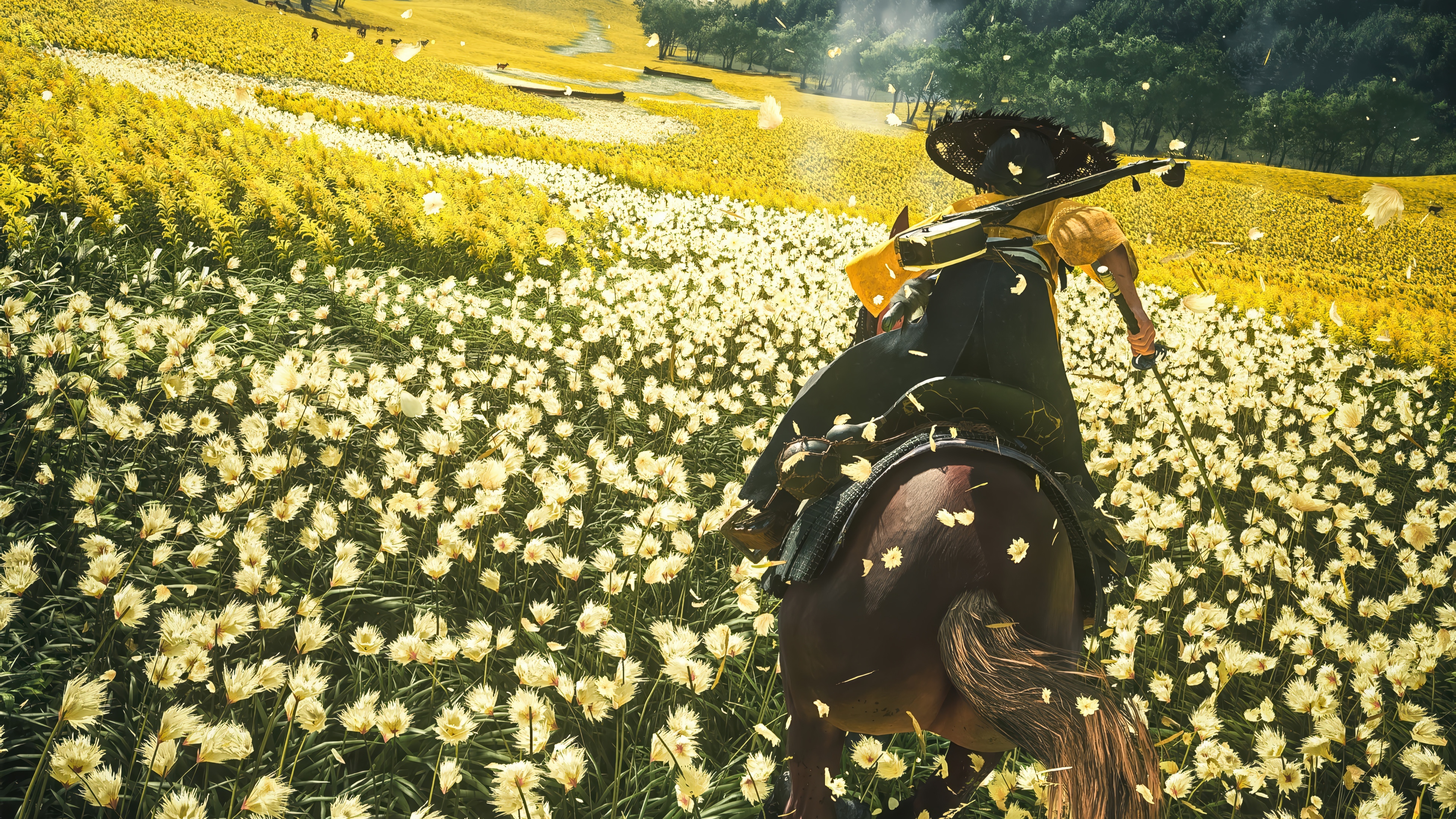 Ghost of Tsushima 4K: Samurai on Horseback in Flower Field HD Wallpaper