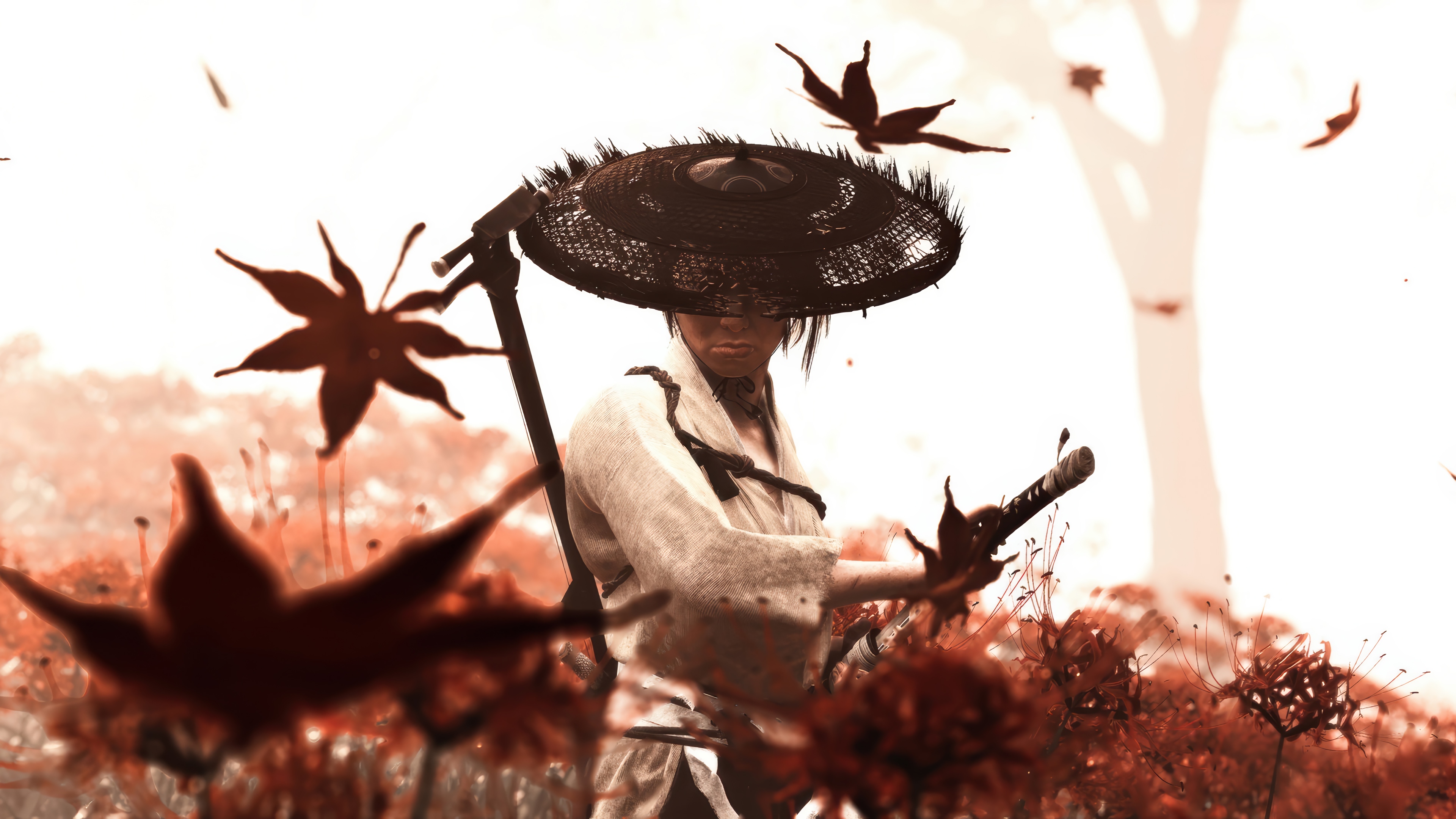 Ghost of Tsushima Samurai in Red Flowers 4K HD Wallpaper