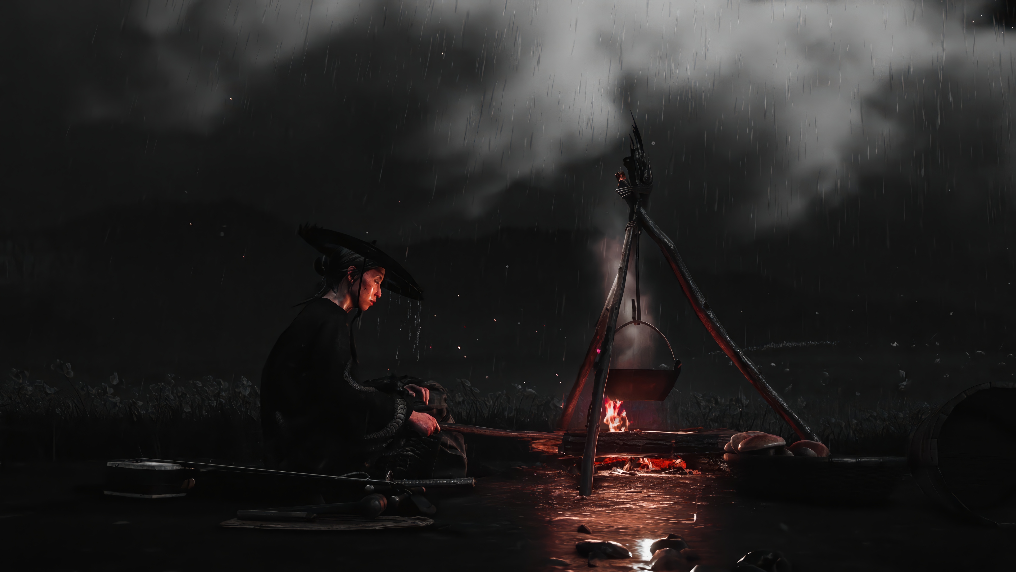 Ghost of Tsushima campfire in the rain 4K HD Wallpaper