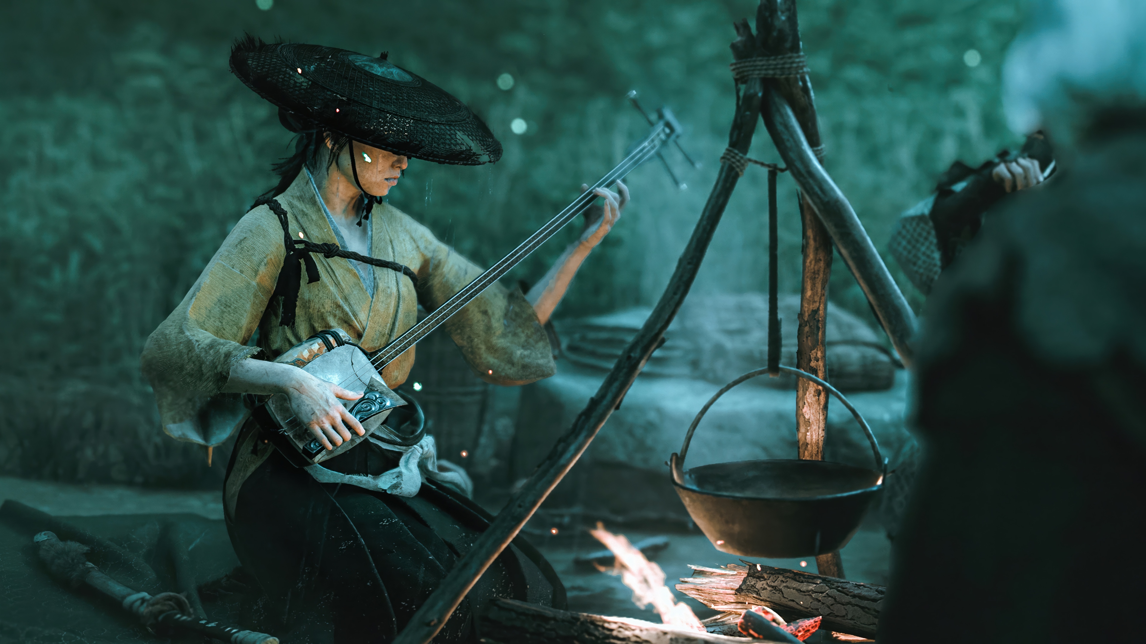 Ghost of Yotei 4K campfire scene HD Wallpaper