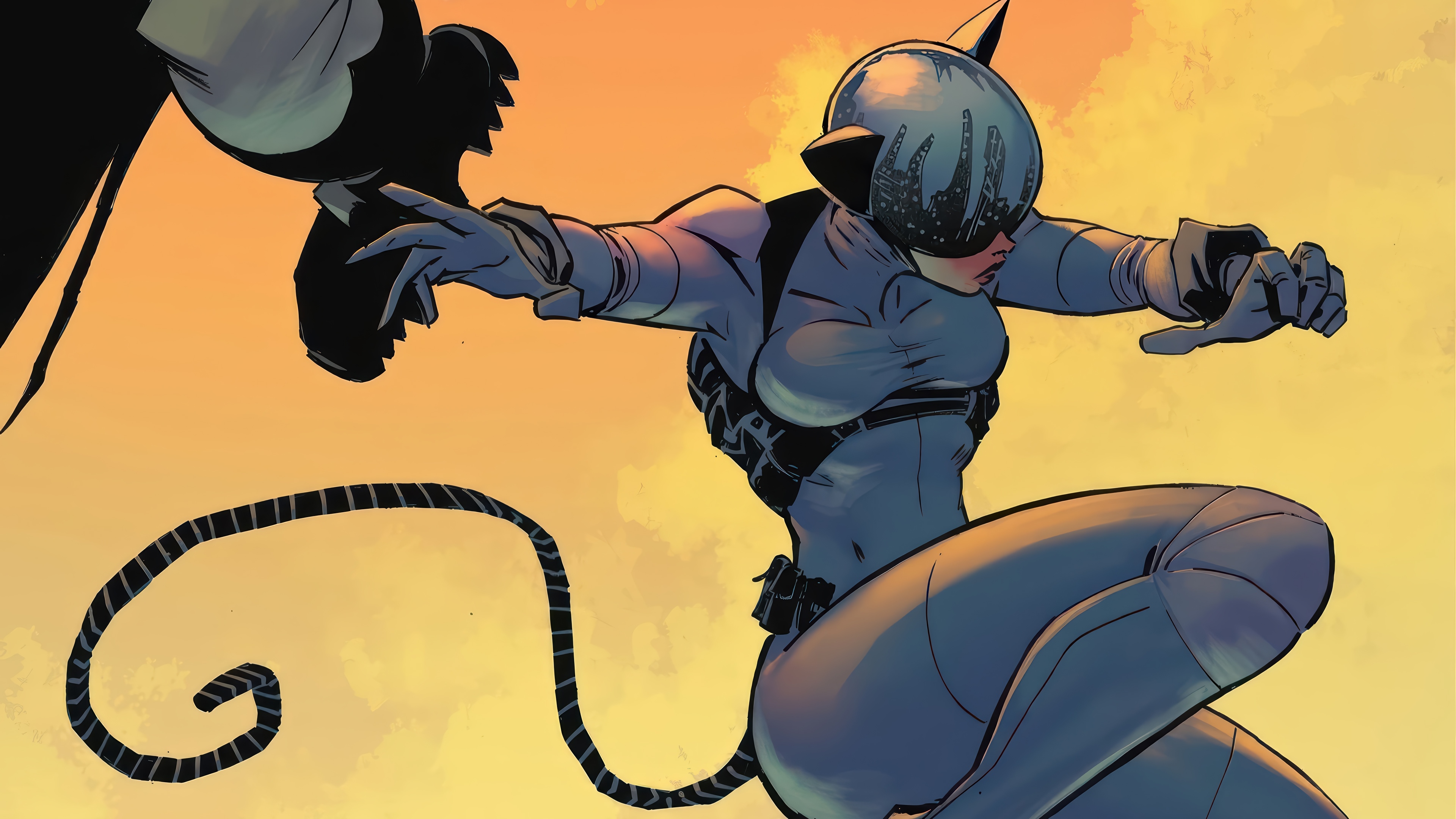 Catwoman in a dynamic pose against an orange sky HD Wallpaper