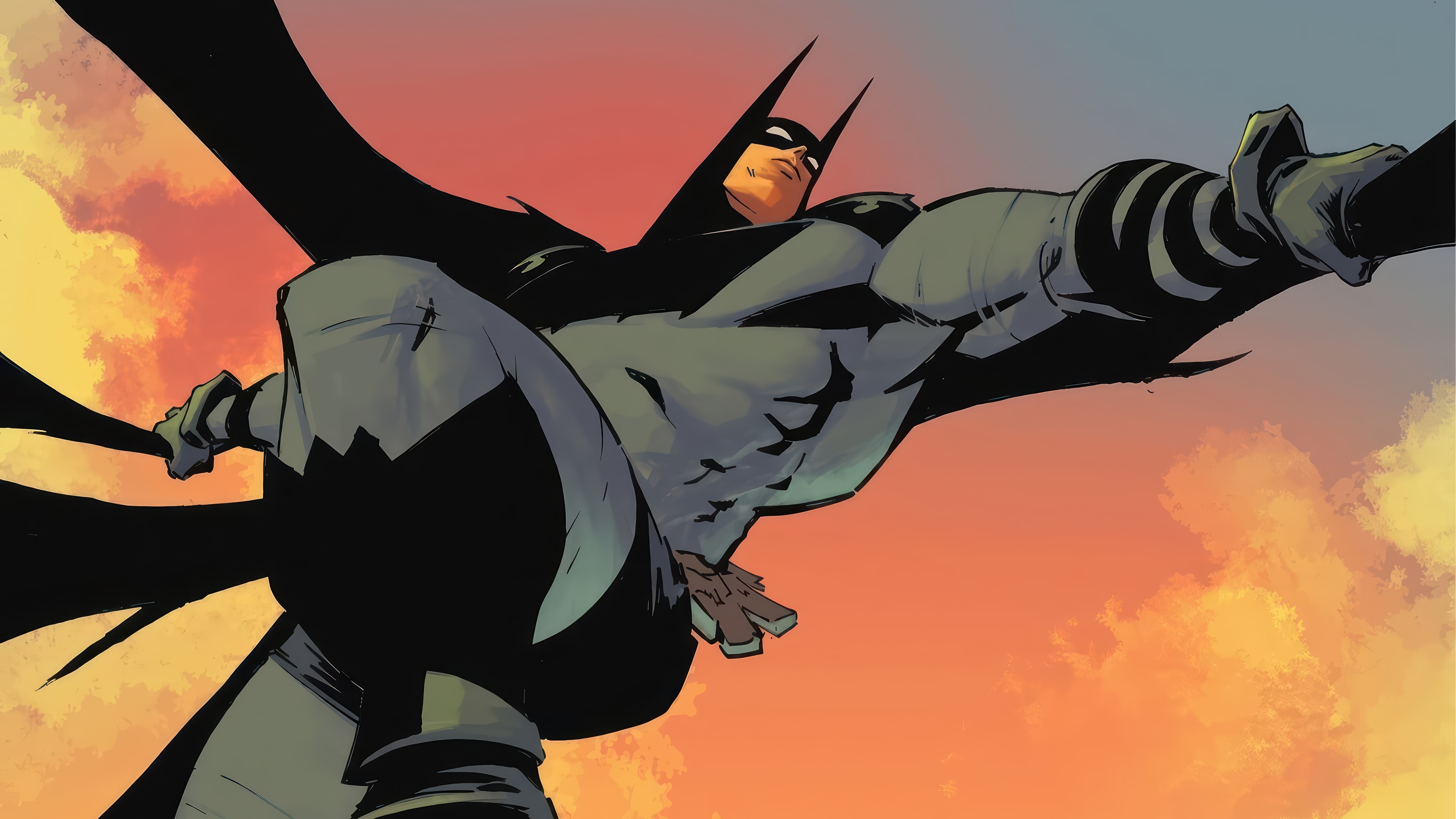 Batman flying against a sunset sky HD Wallpaper