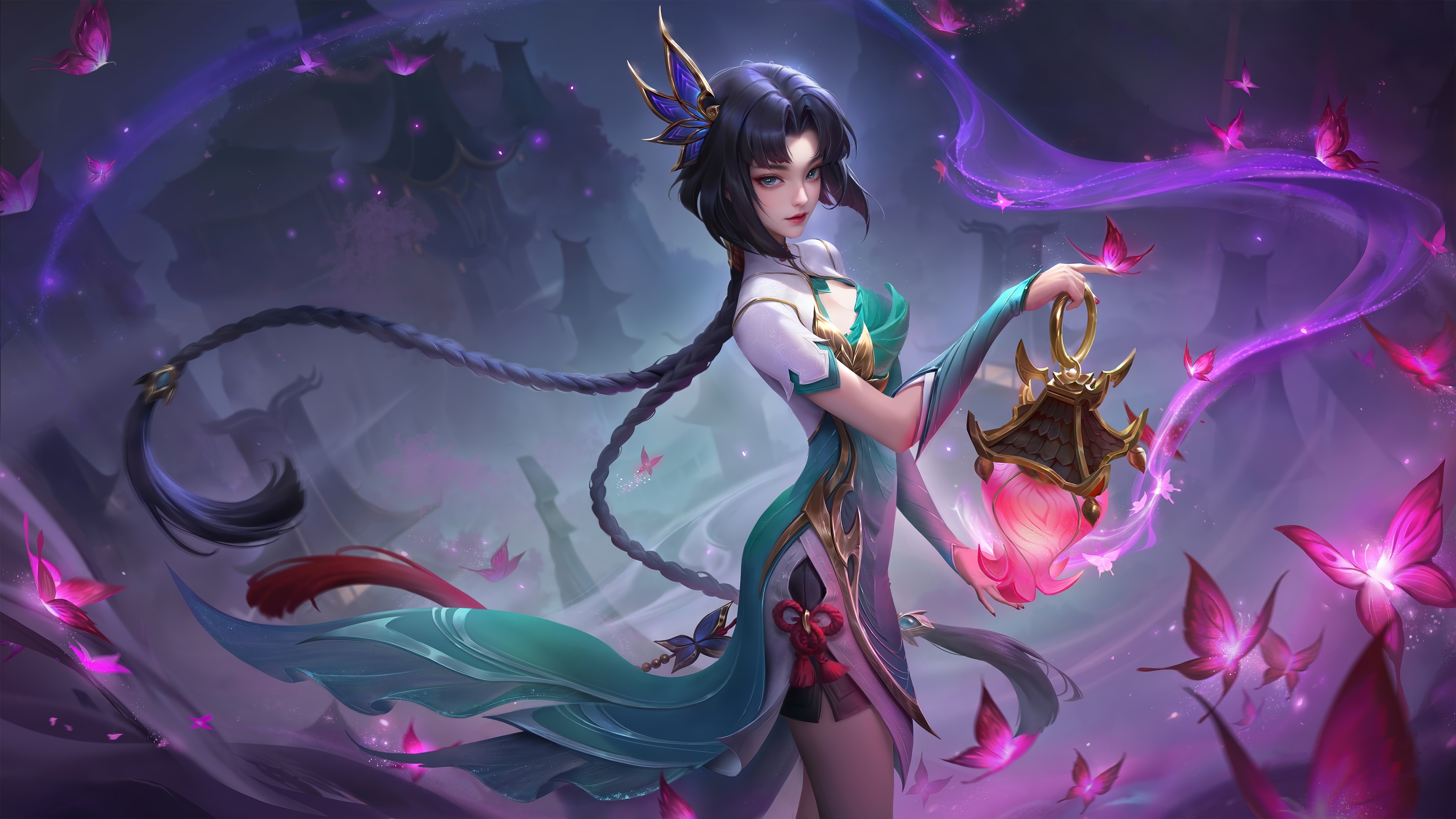 Zhuxin from Mobile Legends holding a lantern with butterflies HD Wallpaper